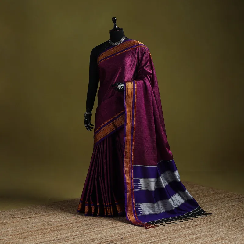 Purple - Silk Cotton Khun Saree with Ilkal Pallu Chikki Paras Border 23 made by Itokri