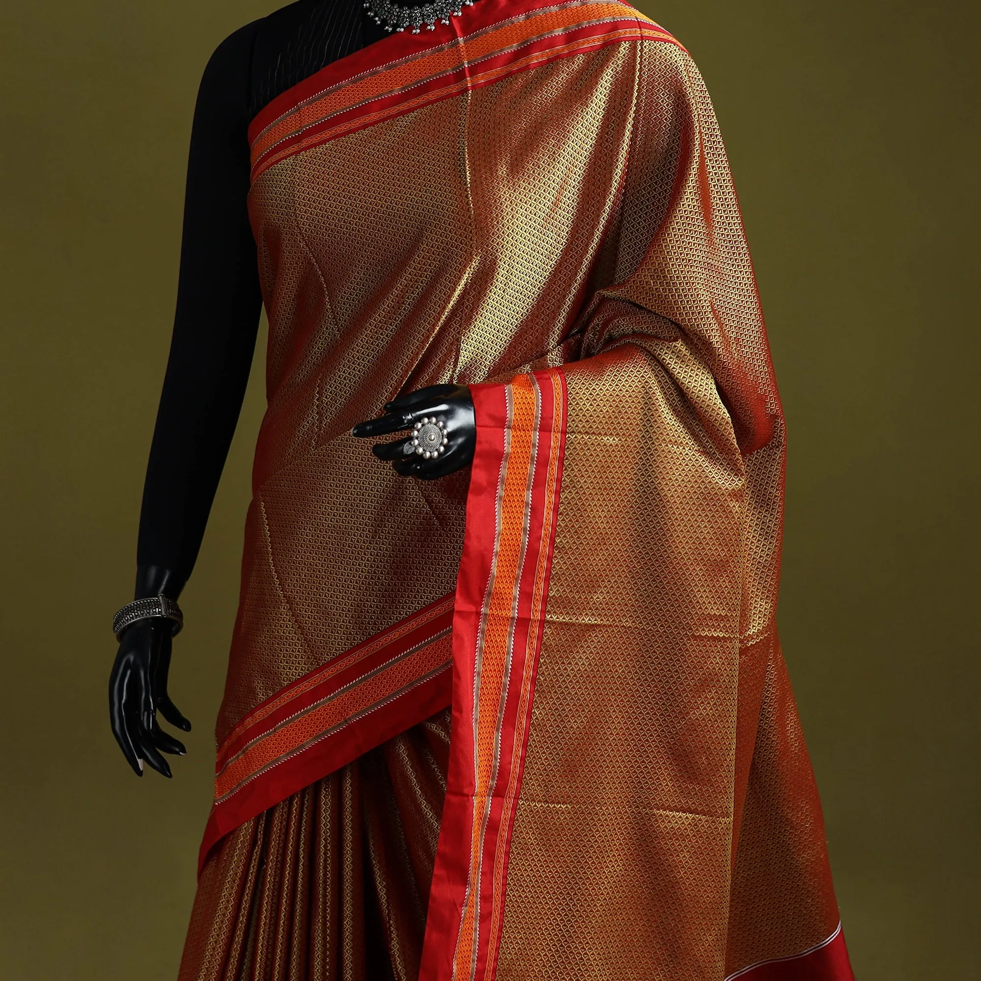 Orange - Silk Cotton Khun Saree with Ilkal Pallu Chikki Paras Border 22 sold by Itokri product image thumbnail 2