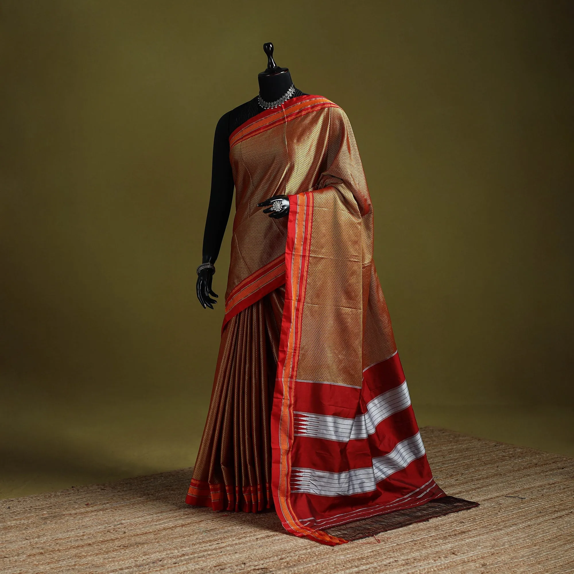 Orange - Silk Cotton Khun Saree with Ilkal Pallu Chikki Paras Border 22 sold by Itokri