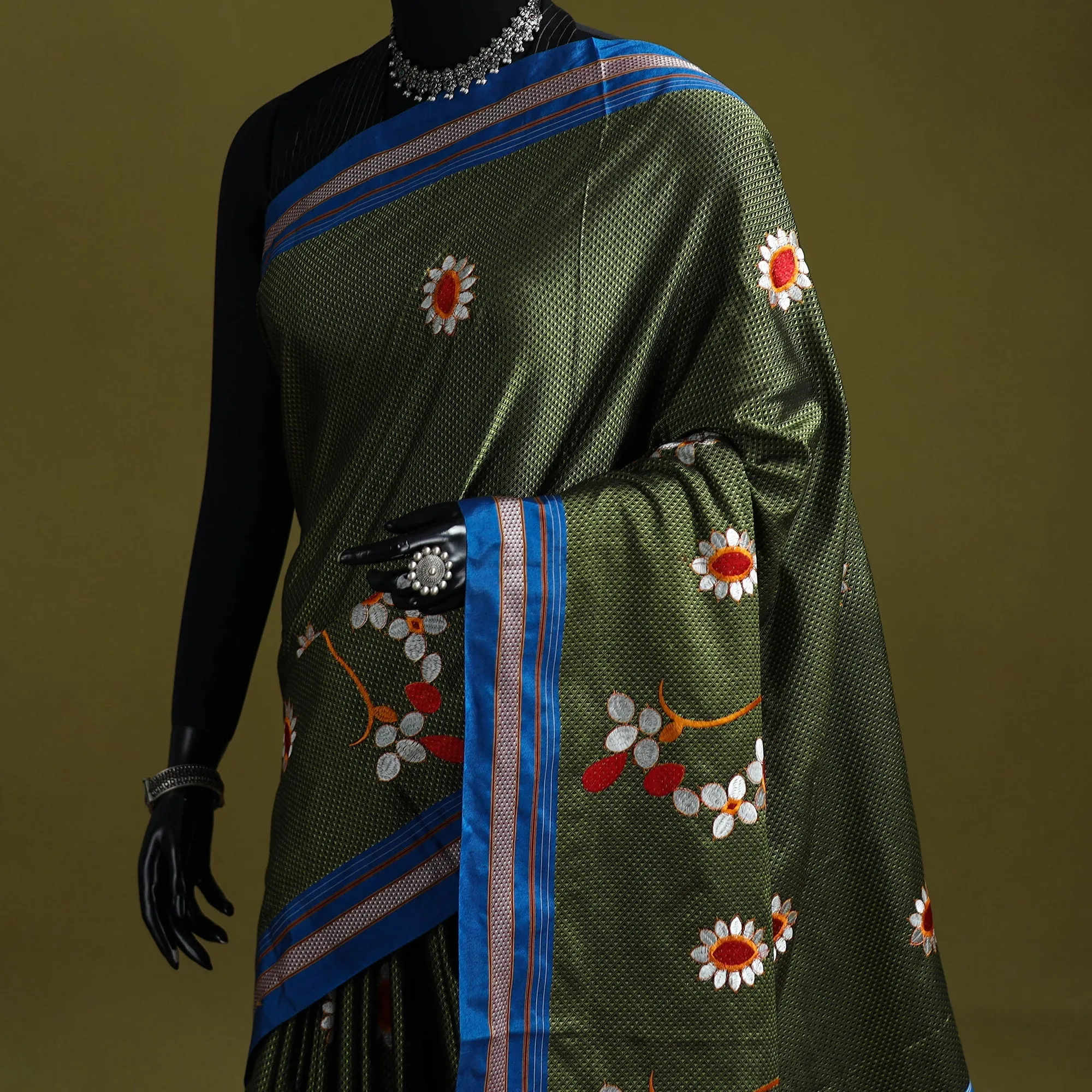 Green - Nath Work Silk Cotton Khun Saree 17 sold by Itokri product image thumbnail 2