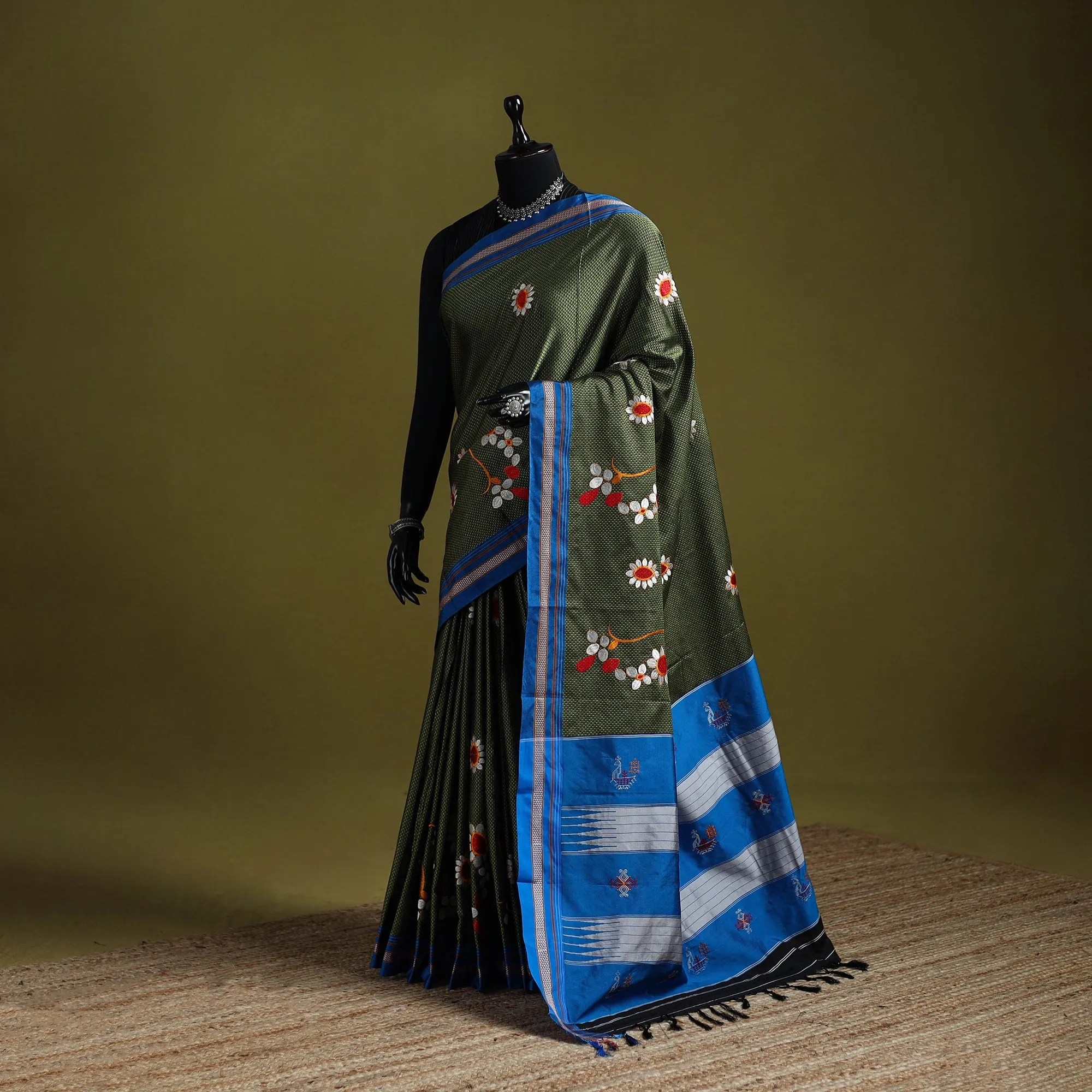 Green - Nath Work Silk Cotton Khun Saree 17 sold by Itokri