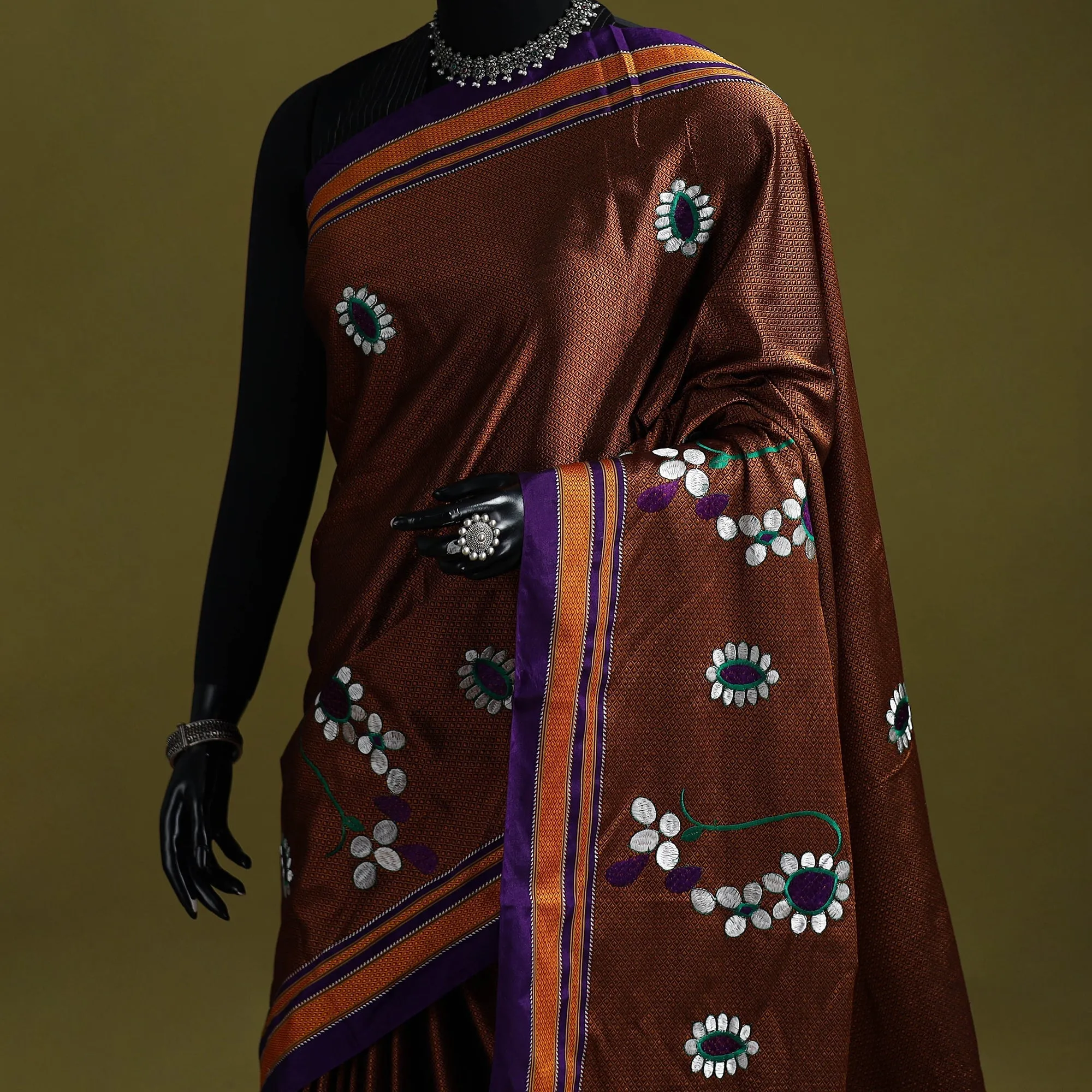 Brown - Nath Work Silk Cotton Khun Saree 14 sold by Itokri product image thumbnail 2