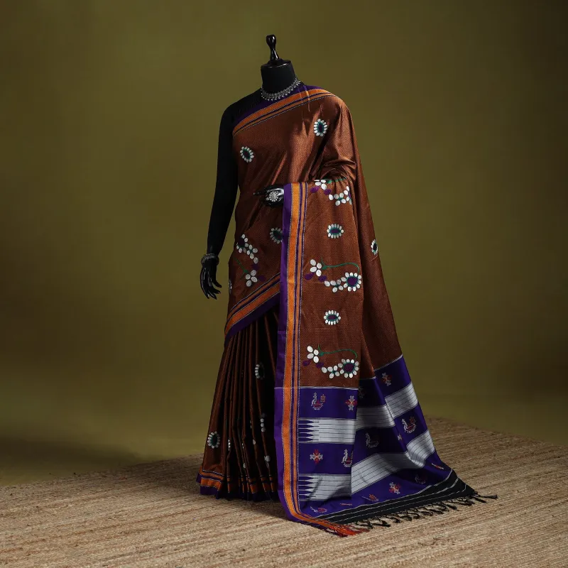 Brown - Nath Work Silk Cotton Khun Saree 14 made by Itokri