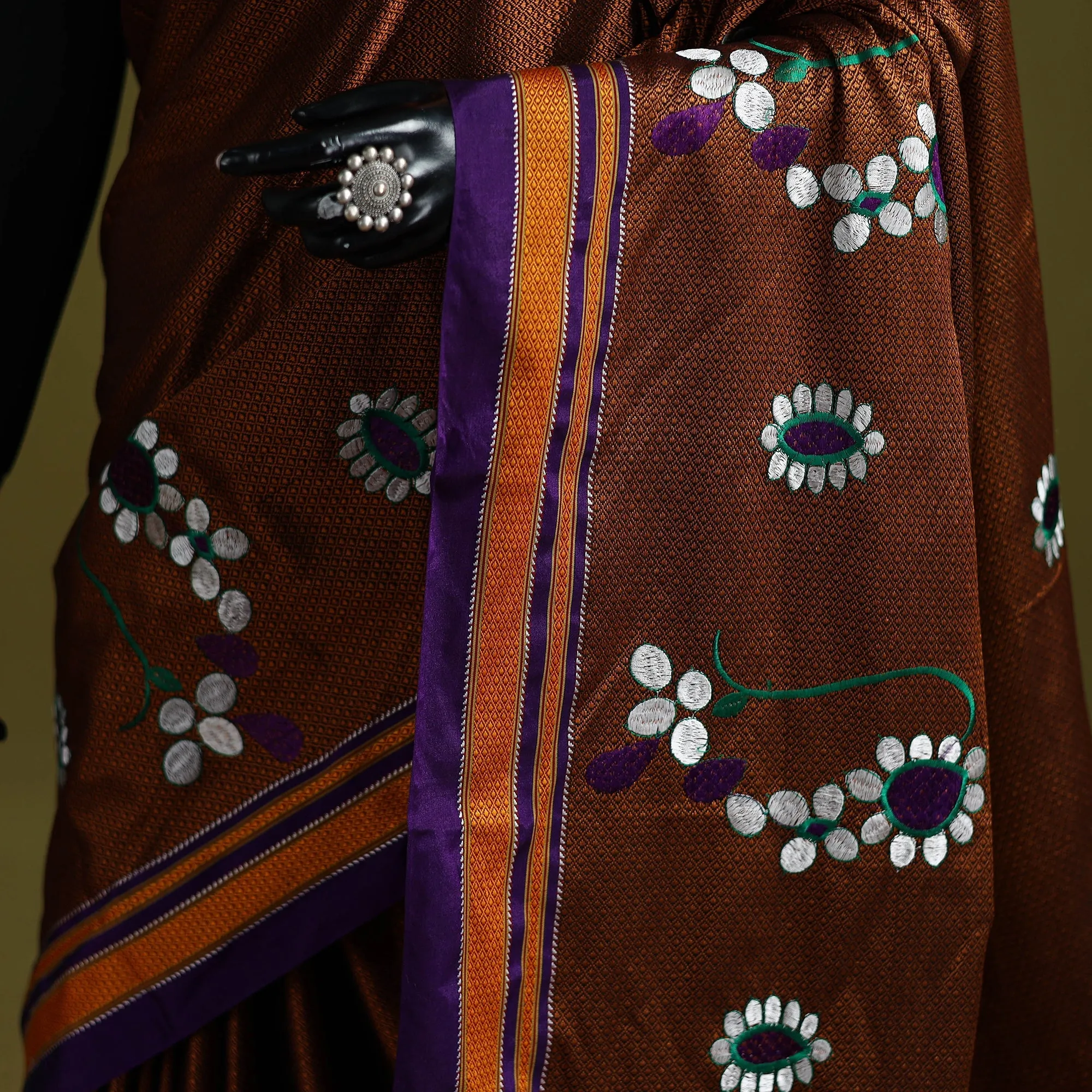 Brown - Nath Work Silk Cotton Khun Saree 14 sold by Itokri product image thumbnail 3