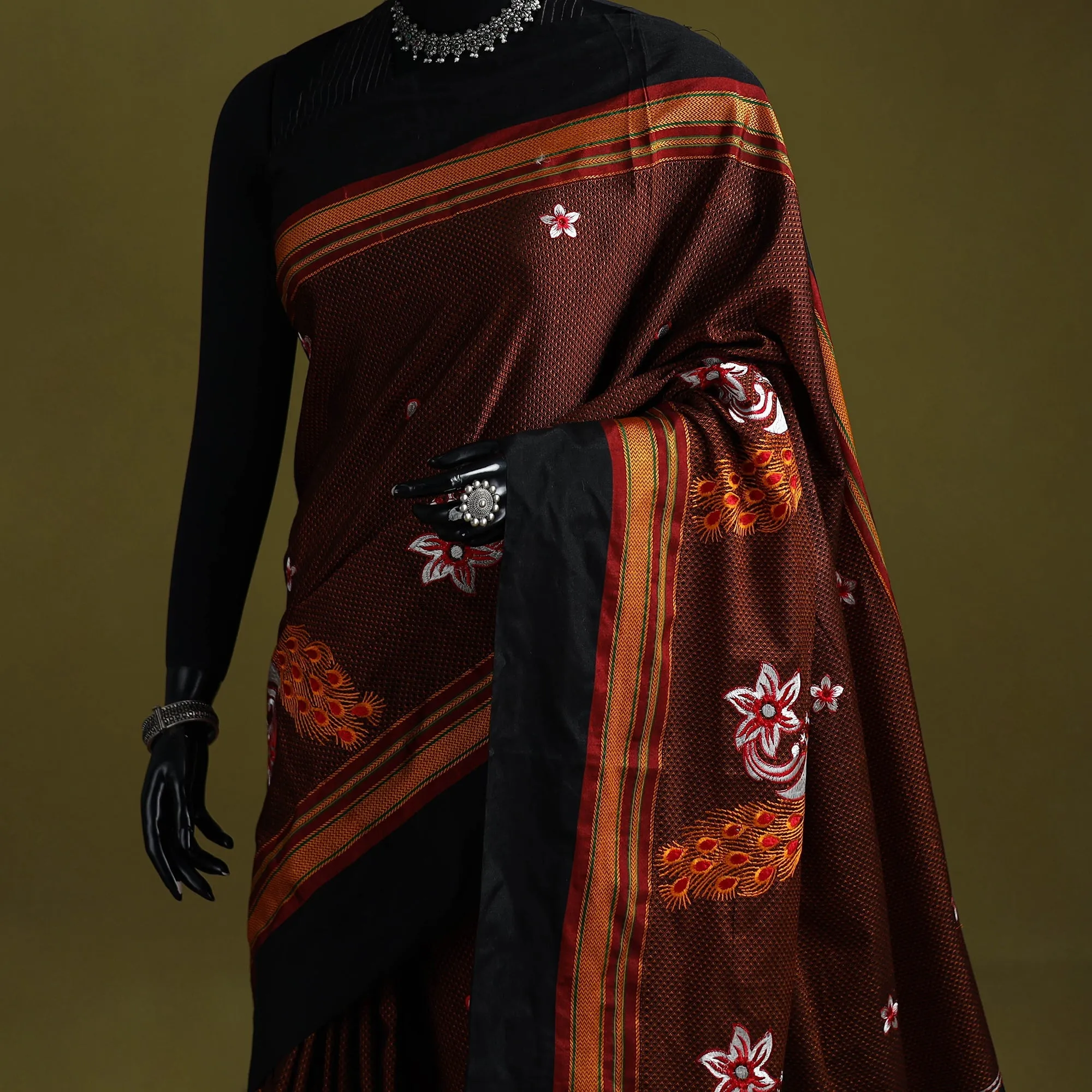 Brown - Nath Work Silk Cotton Khun Saree 13 sold by Itokri product image thumbnail 2