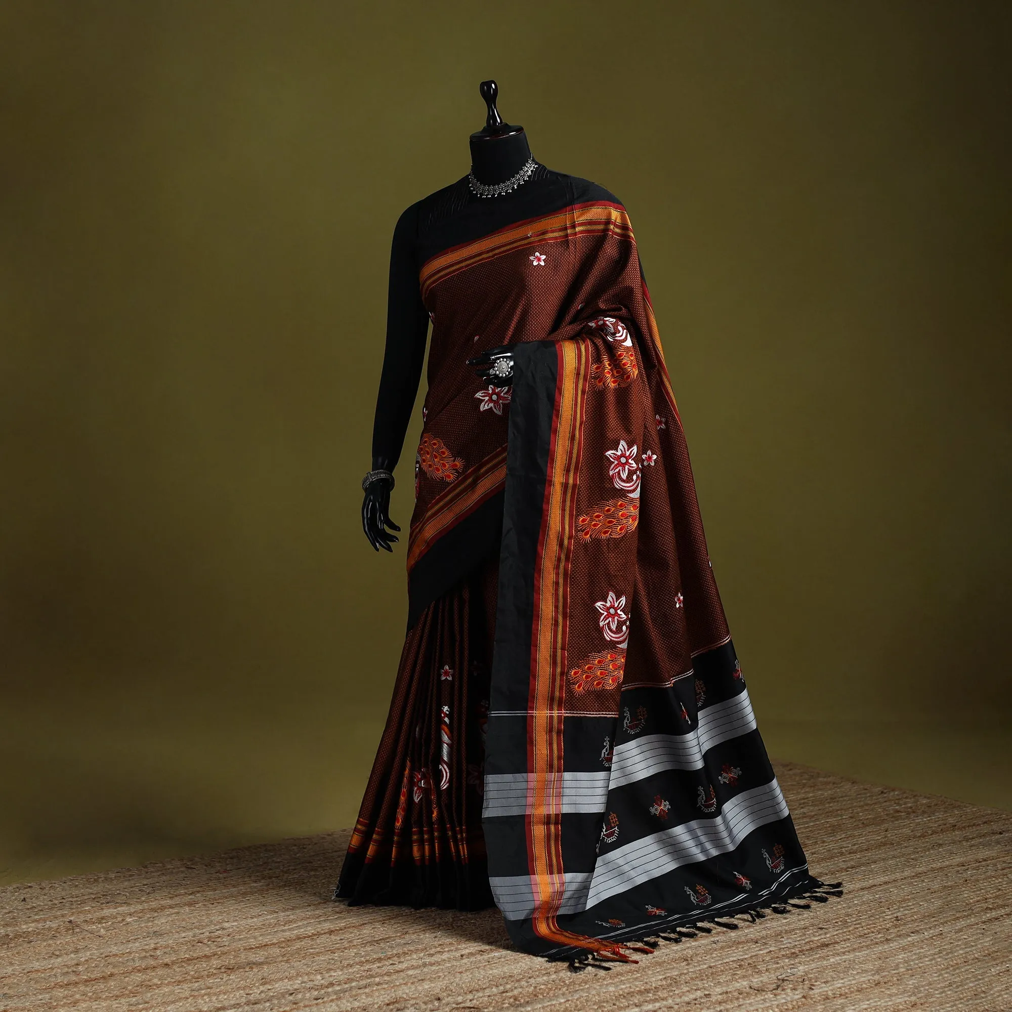 Brown - Nath Work Silk Cotton Khun Saree 13 sold by Itokri