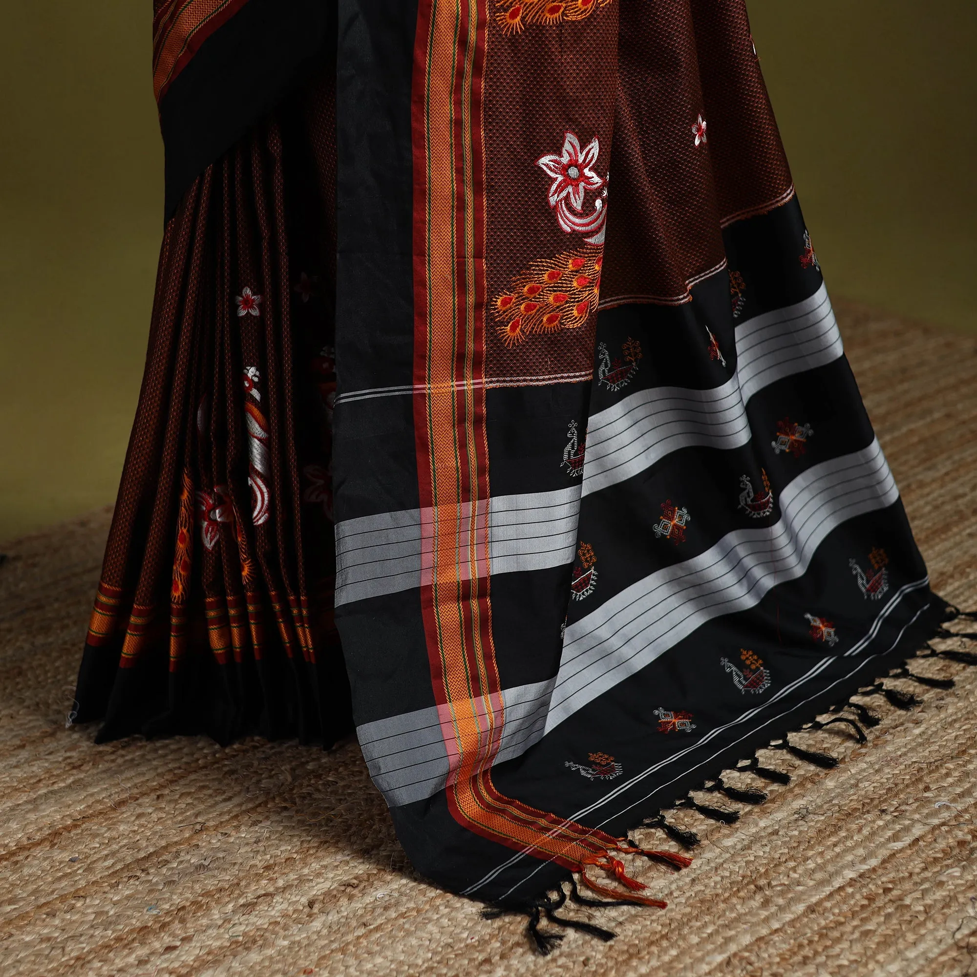 Brown - Nath Work Silk Cotton Khun Saree 13 sold by Itokri product image thumbnail 4