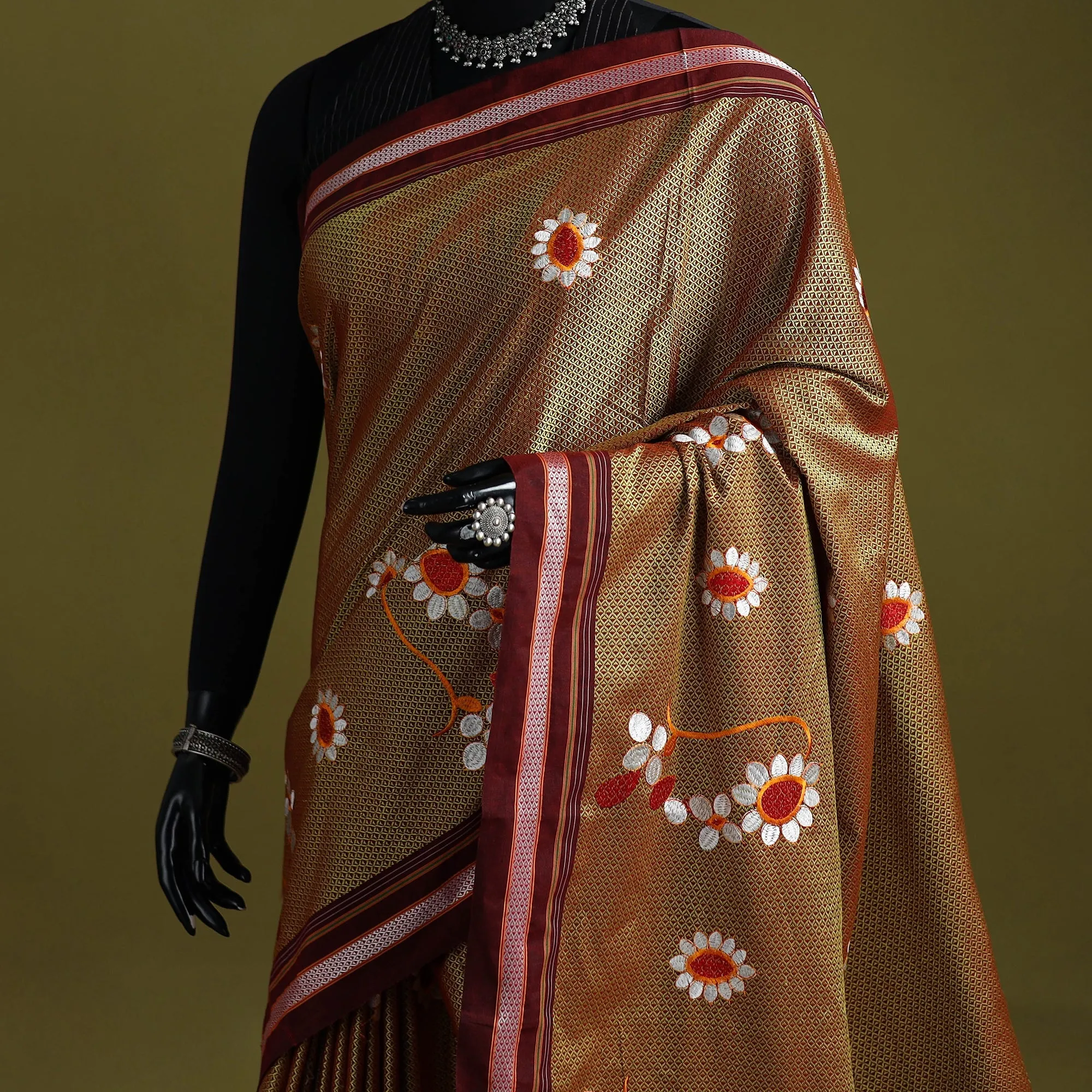 Yellow - Nath Work Silk Cotton Khun Saree 09 sold by Itokri product image thumbnail 2