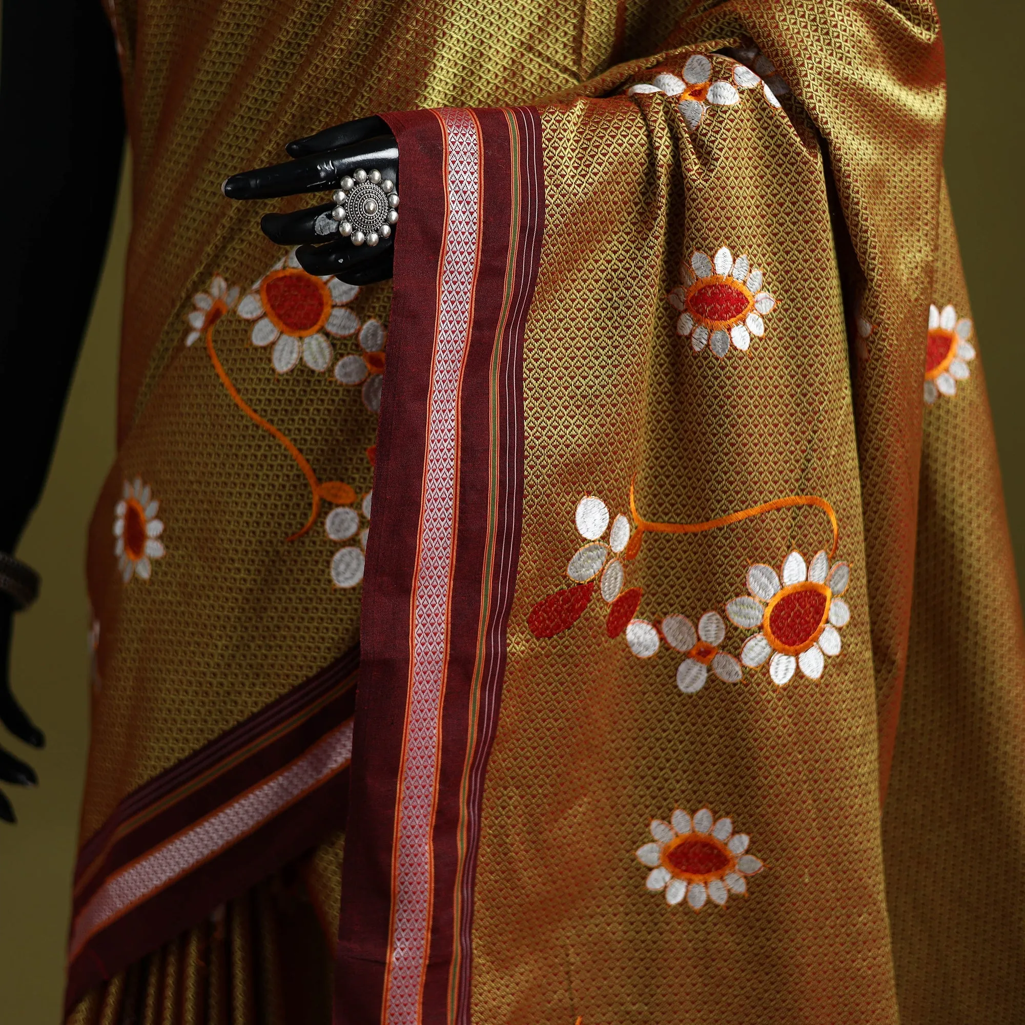 Yellow - Nath Work Silk Cotton Khun Saree 09 sold by Itokri product image thumbnail 3