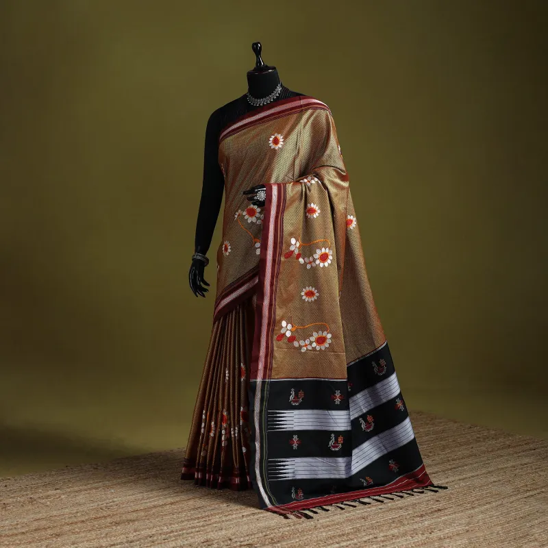 Yellow - Nath Work Silk Cotton Khun Saree 09 made by Itokri