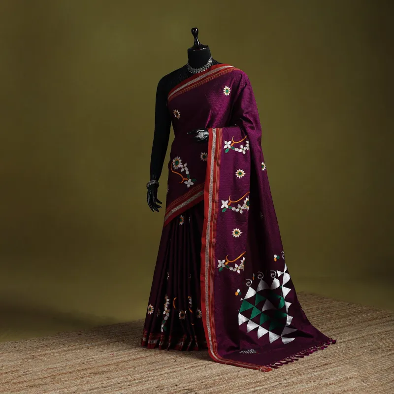 Purple - Nath Work Silk Cotton Khun Saree 05 made by Itokri