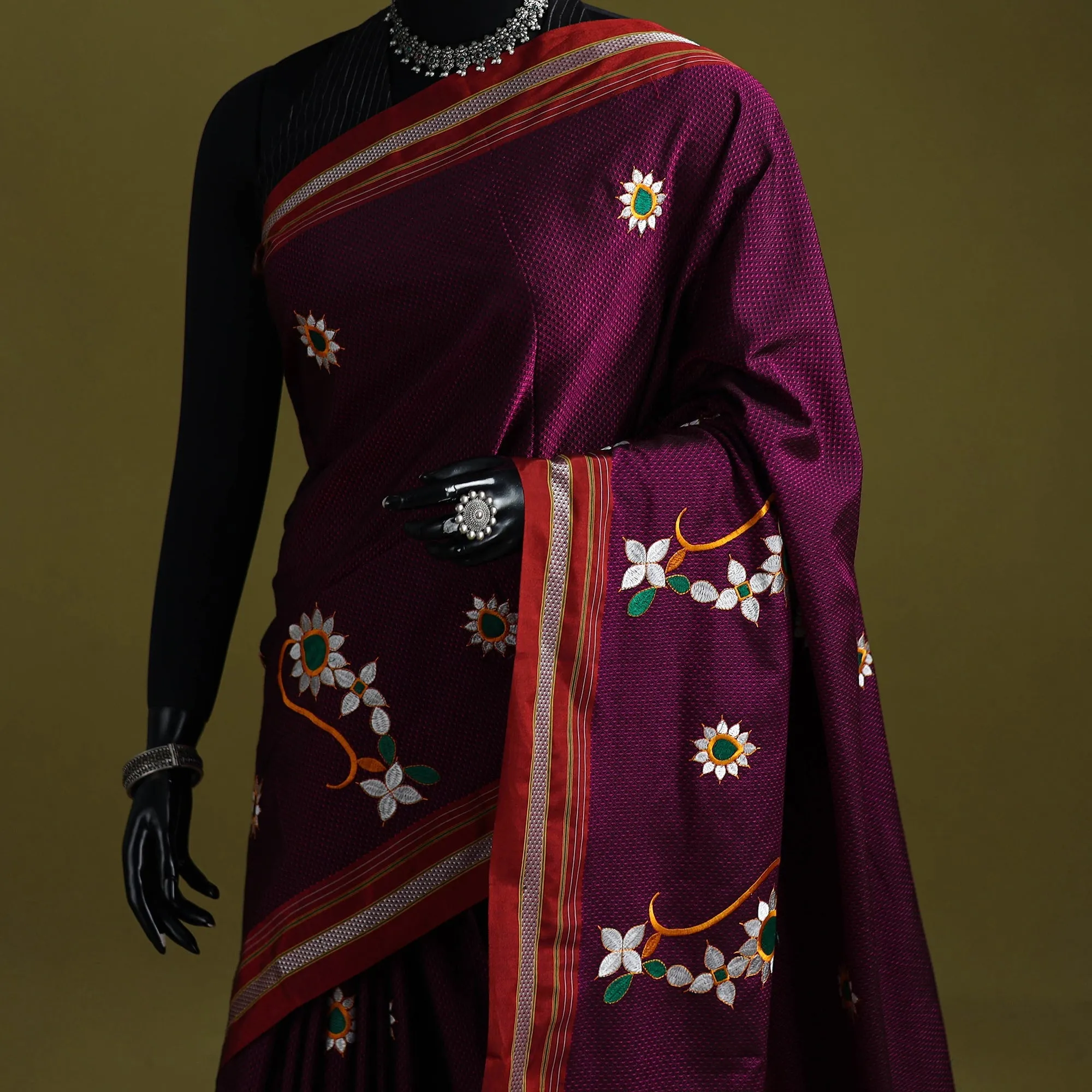 Purple - Nath Work Silk Cotton Khun Saree 05 sold by Itokri product image thumbnail 2