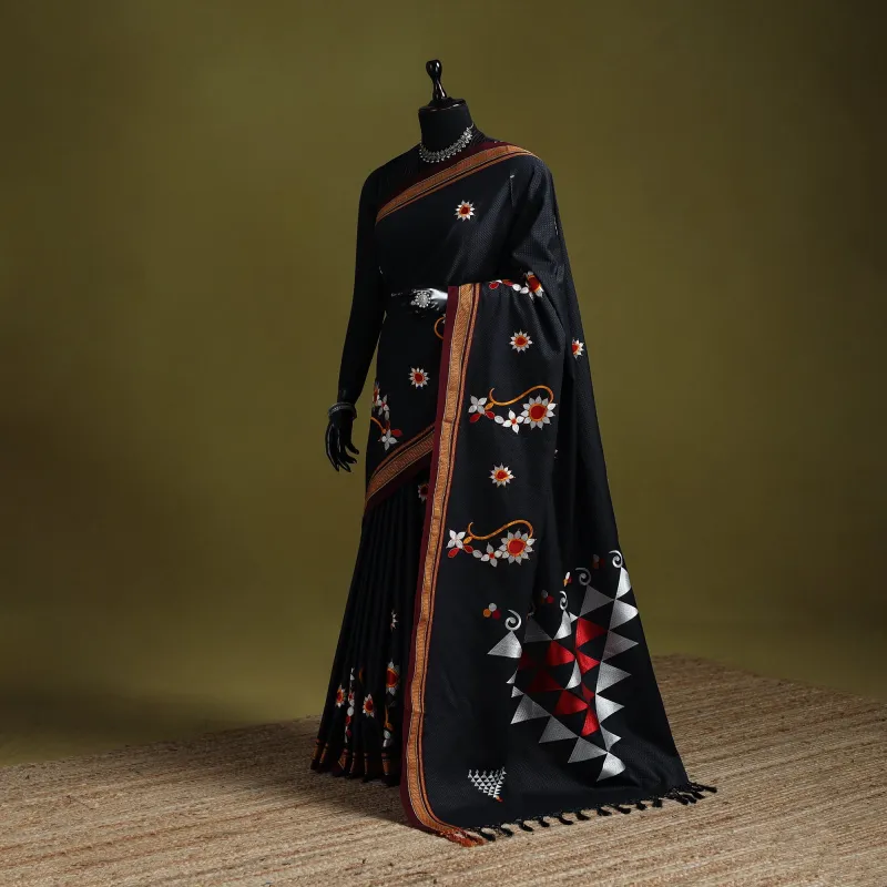 Black - Nath Work Silk Cotton Khun Saree 03 made by Itokri