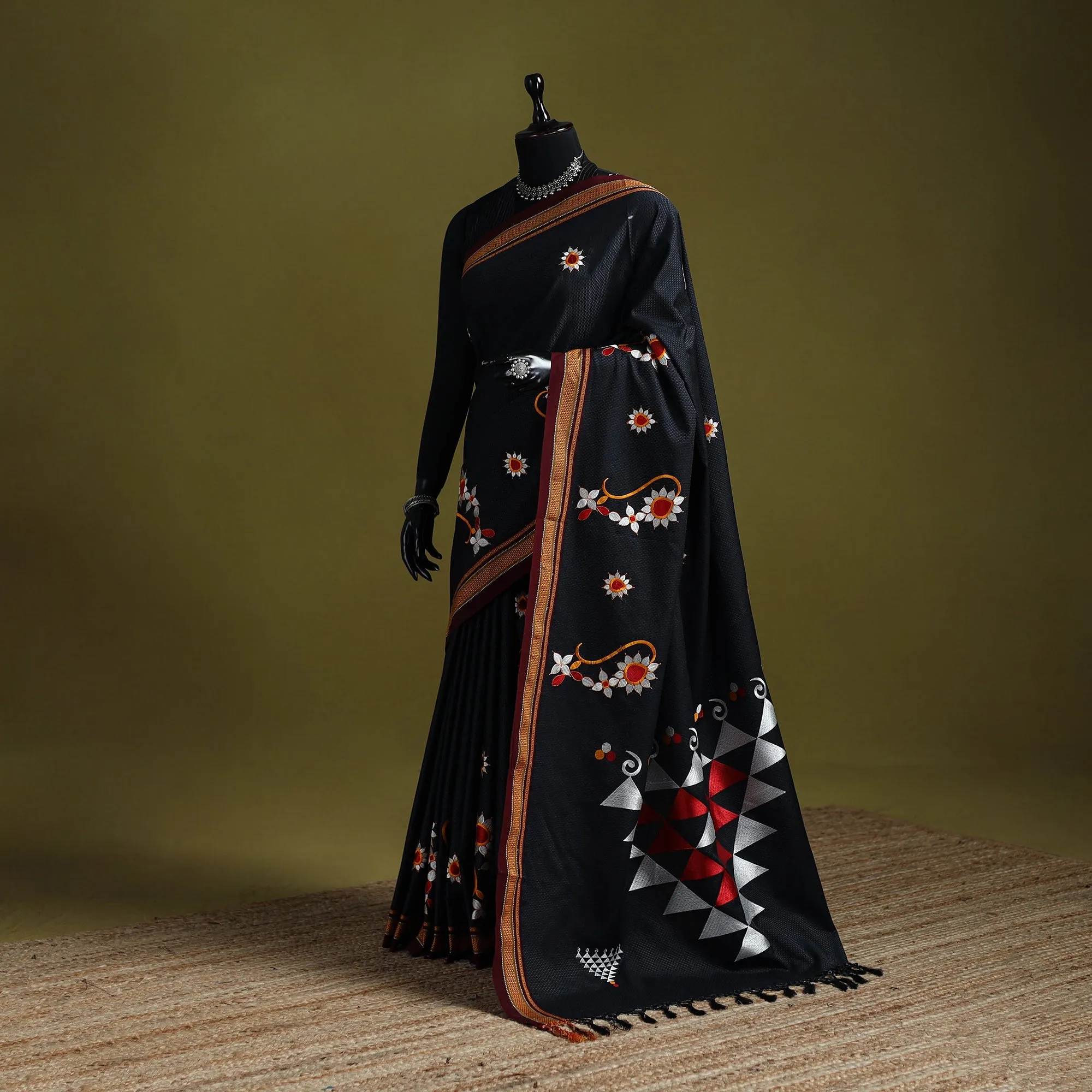 Black - Nath Work Silk Cotton Khun Saree 03 sold by Itokri
