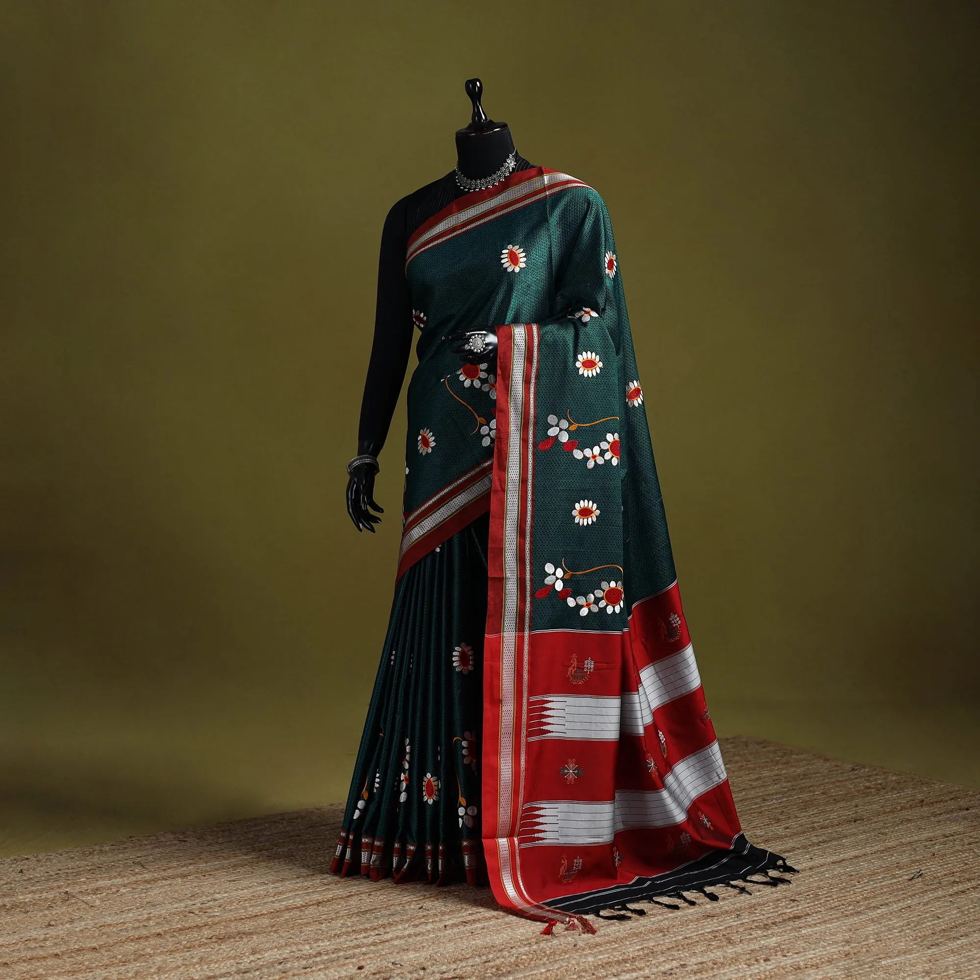 Green - Nath Work Silk Cotton Khun Saree 02 sold by Itokri