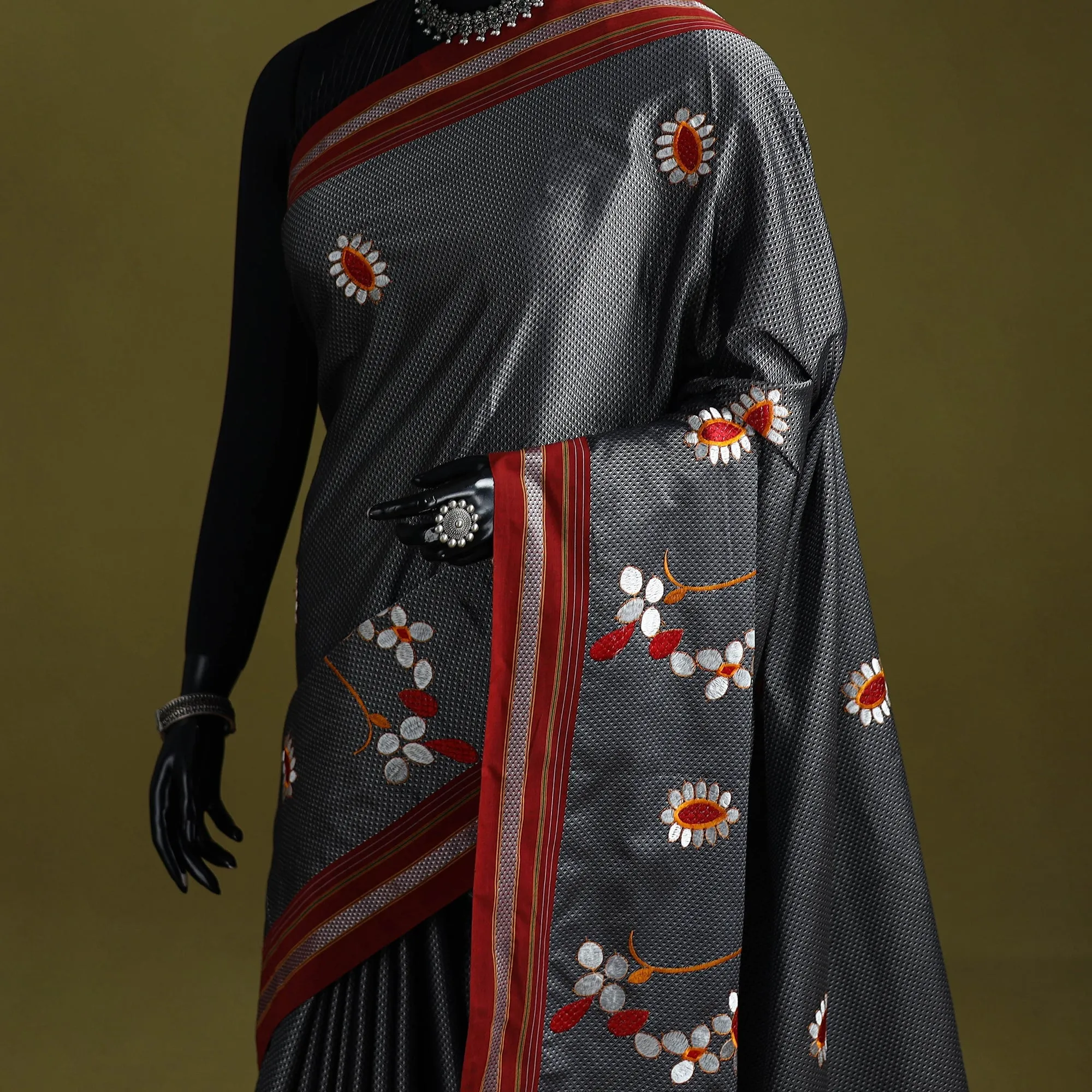 Grey - Nath Work Silk Cotton Khun Saree 01 sold by Itokri product image thumbnail 2