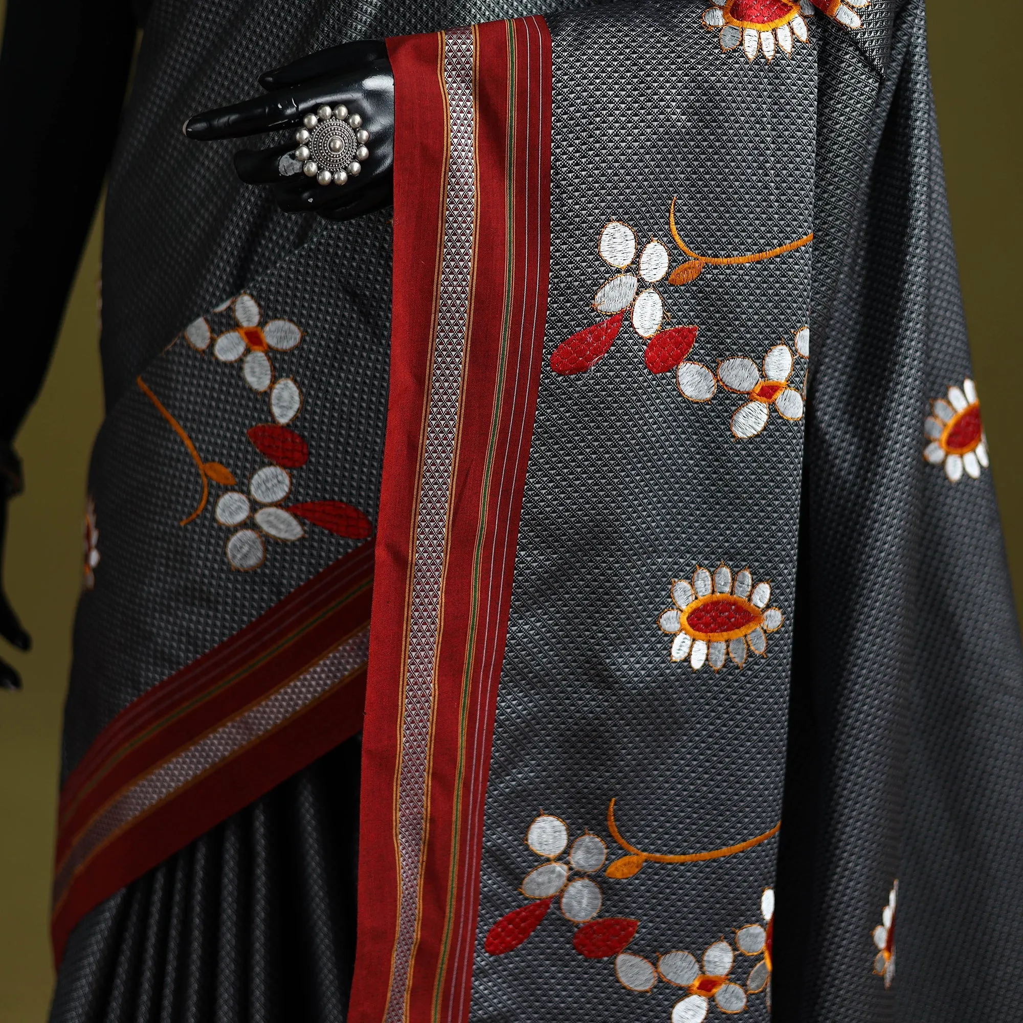 Grey - Nath Work Silk Cotton Khun Saree 01 sold by Itokri product image thumbnail 3