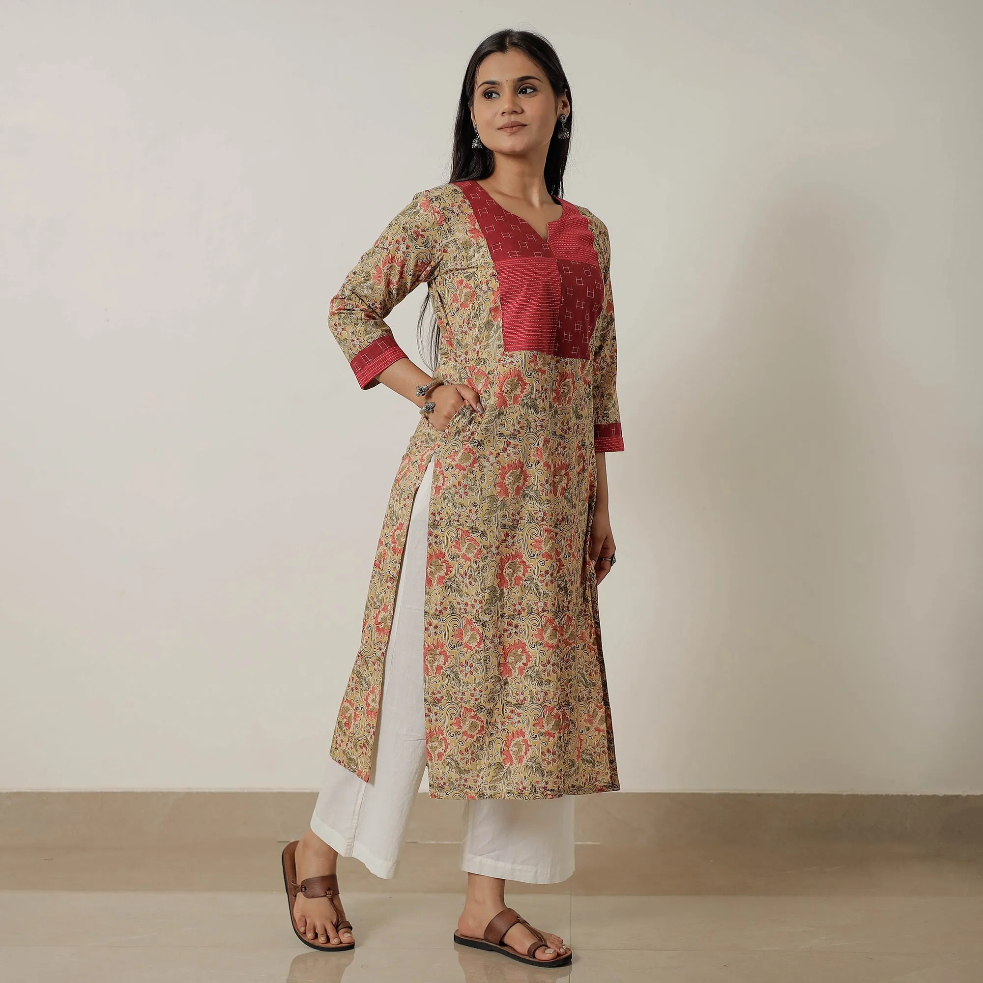 Yellow - Pedana Kalamkari Block Printed Cotton Straight Kurta with Patchwork 01 sold by Itokri product image thumbnail 2