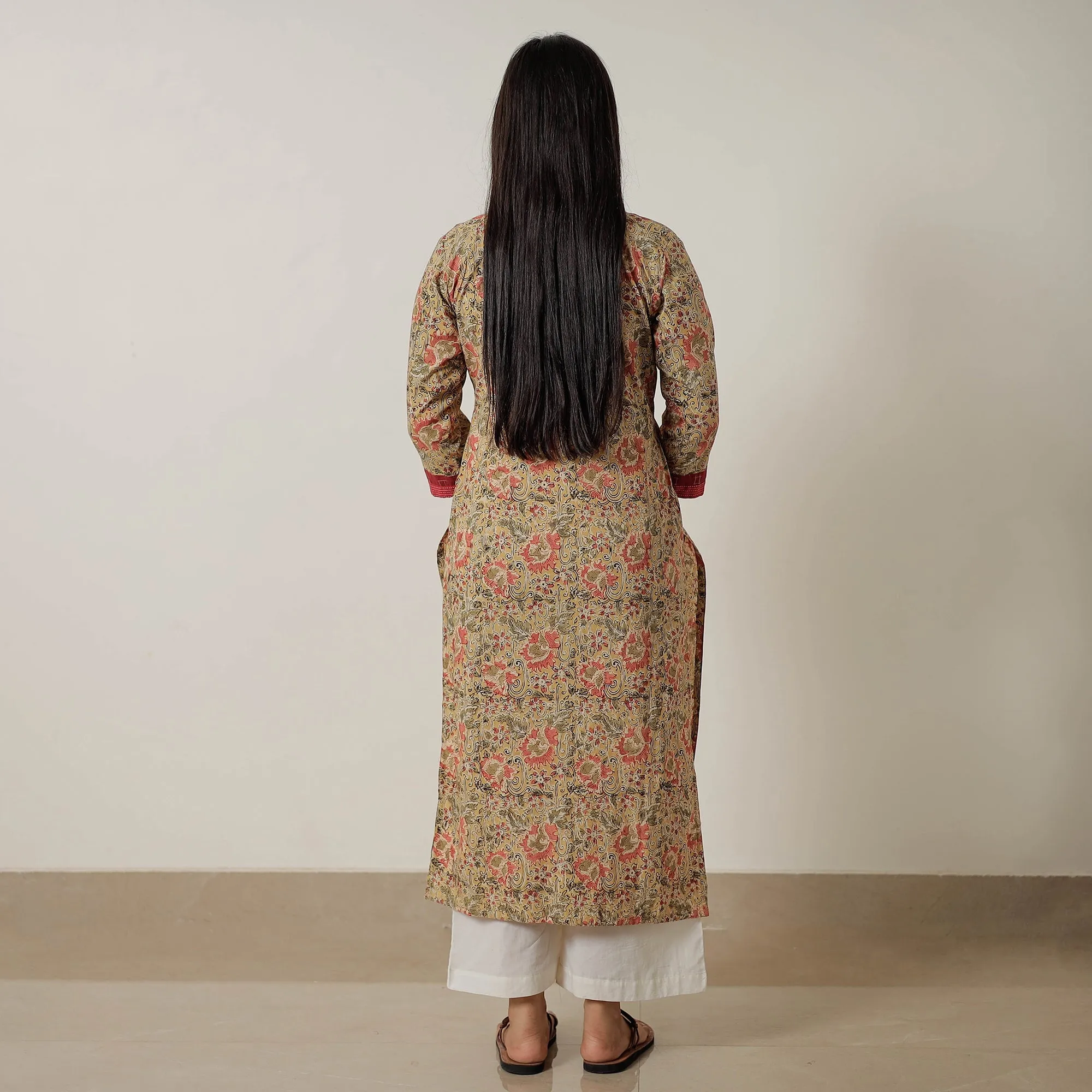 Yellow - Pedana Kalamkari Block Printed Cotton Straight Kurta with Patchwork 01 sold by Itokri product image thumbnail 5