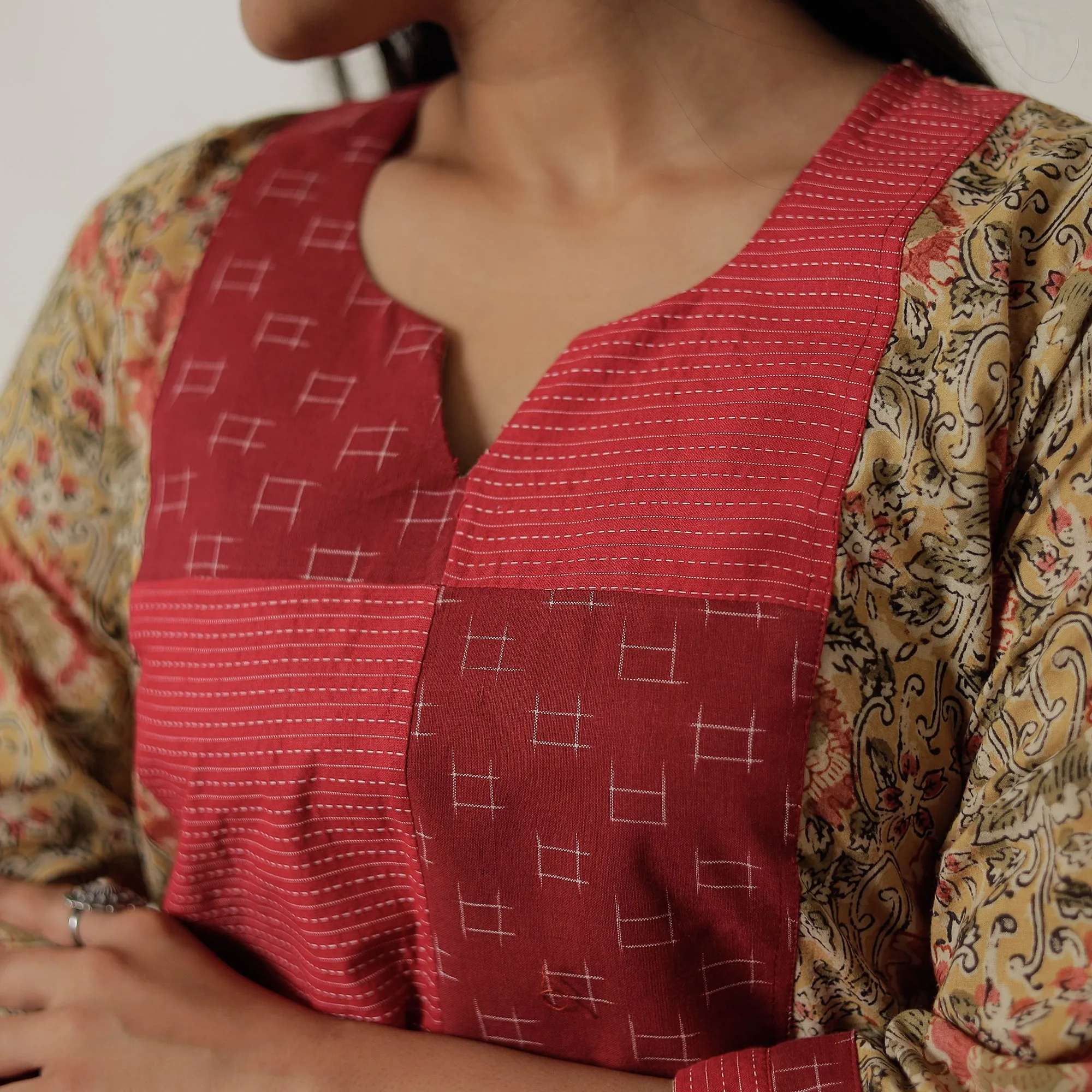 Yellow - Pedana Kalamkari Block Printed Cotton Straight Kurta with Patchwork 01 sold by Itokri product image thumbnail 4