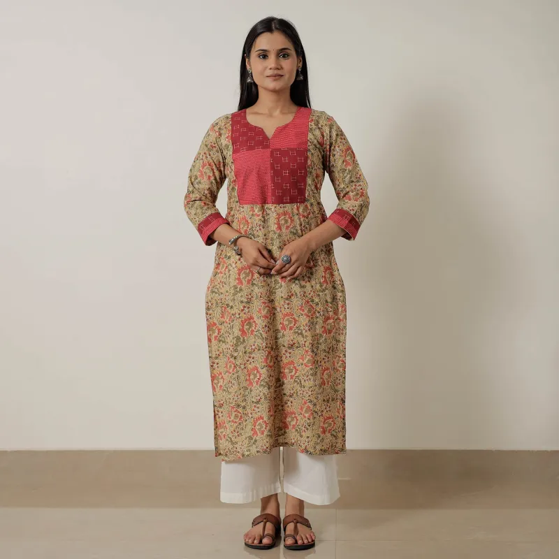 Yellow - Pedana Kalamkari Block Printed Cotton Straight Kurta with Patchwork 01 sold by Itokri