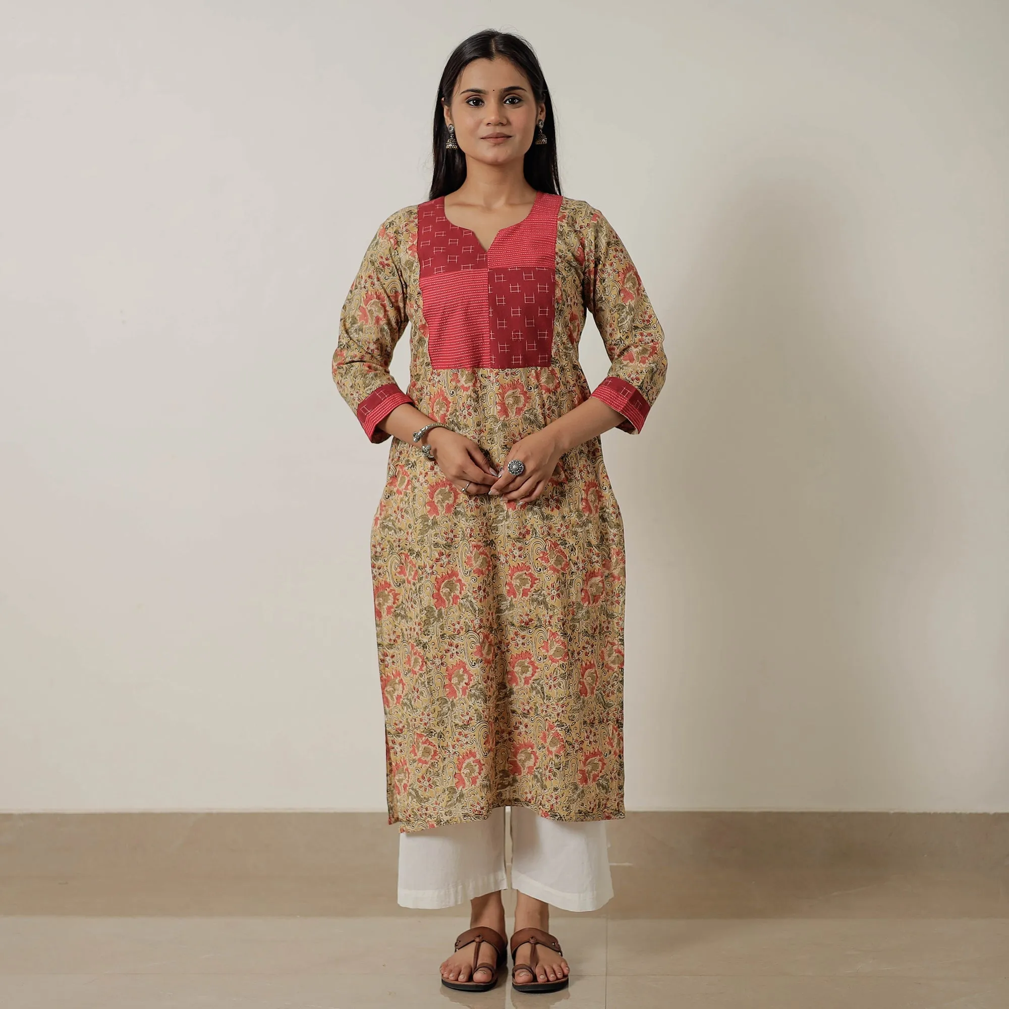 Yellow - Pedana Kalamkari Block Printed Cotton Straight Kurta with Patchwork 01 sold by Itokri