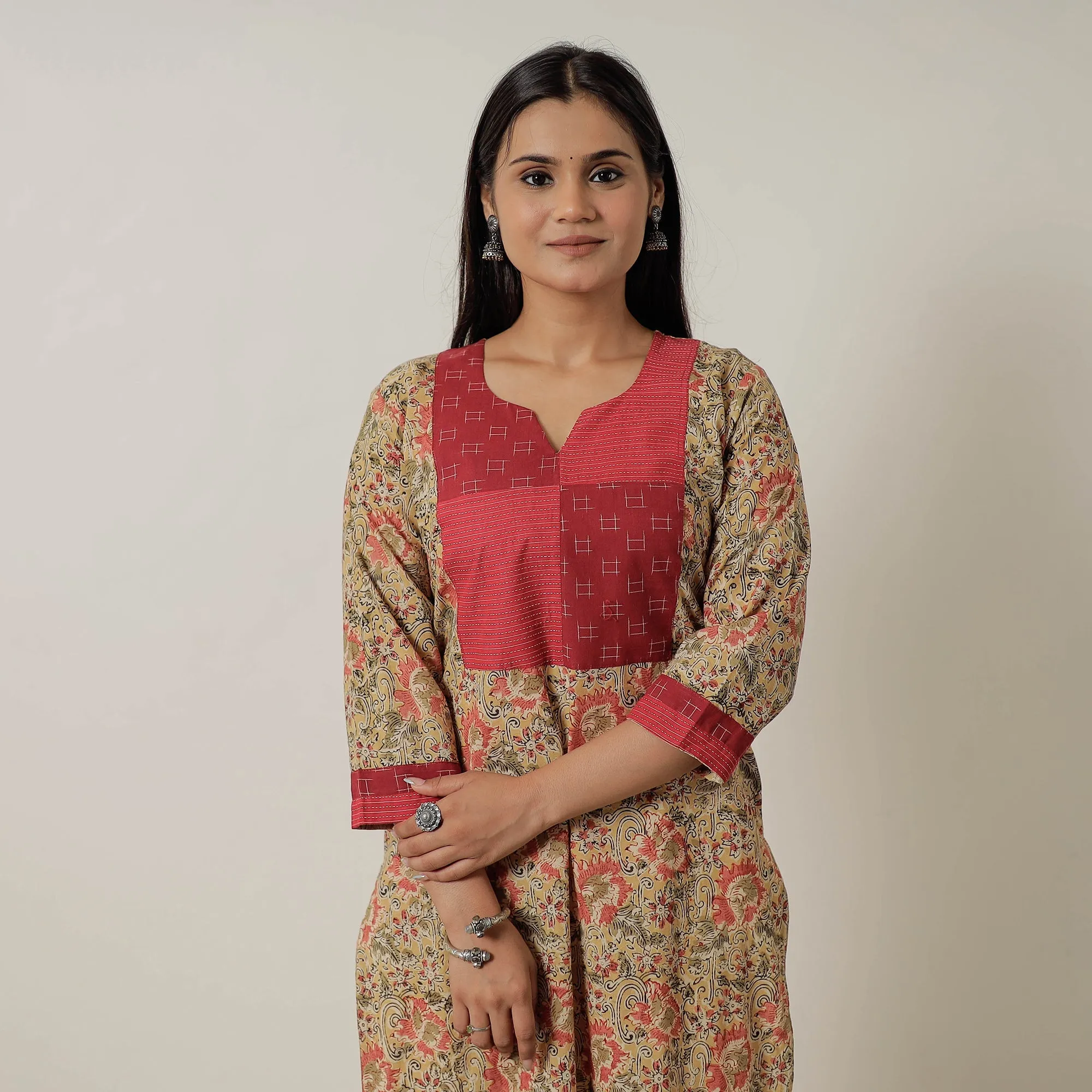 Yellow - Pedana Kalamkari Block Printed Cotton Straight Kurta with Patchwork 01 sold by Itokri product image thumbnail 3