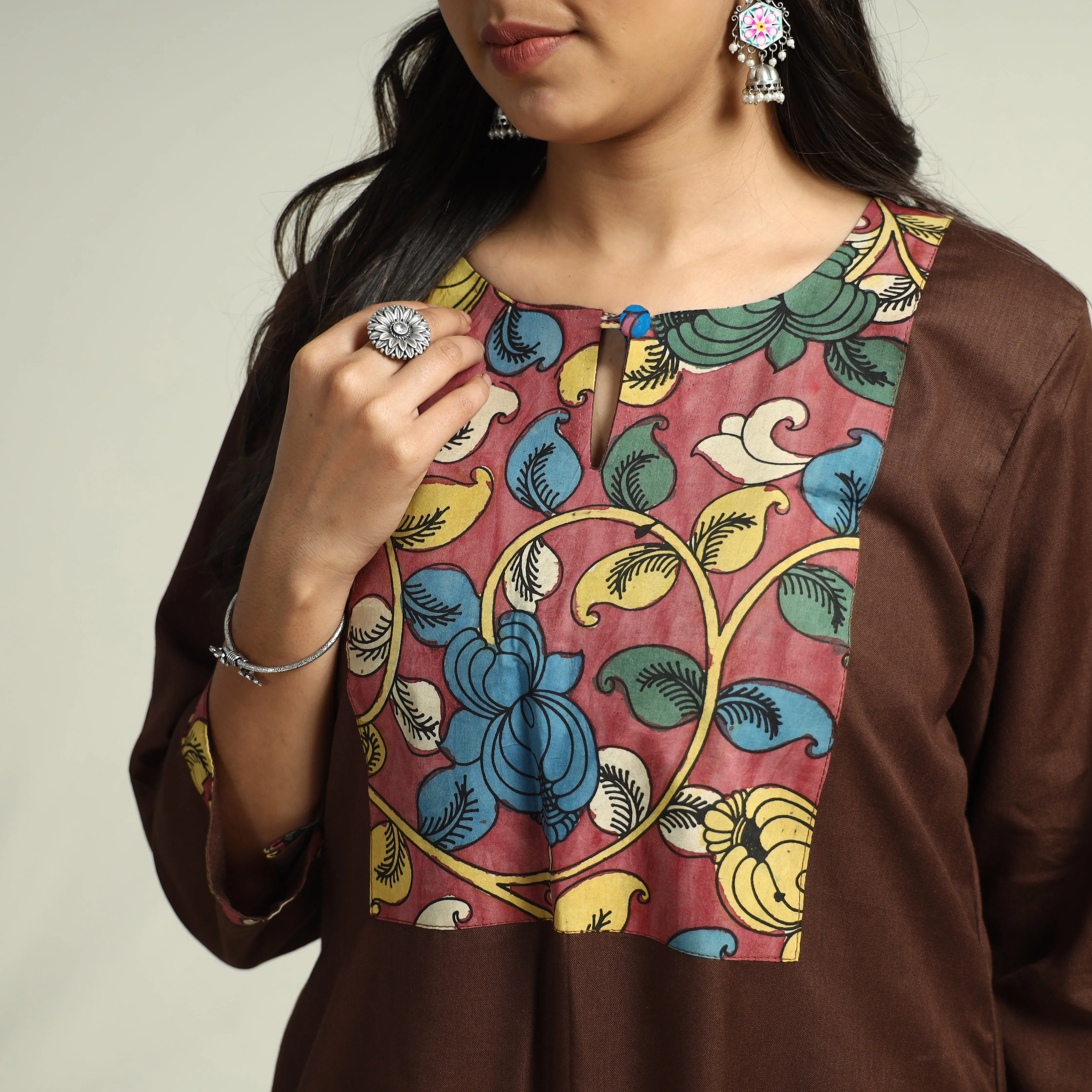 Dark Brown - Srikalahasti Kalamkari Patchwork Plain Linen Cotton A-Line Long Kurta sold by Itokri product image thumbnail 4