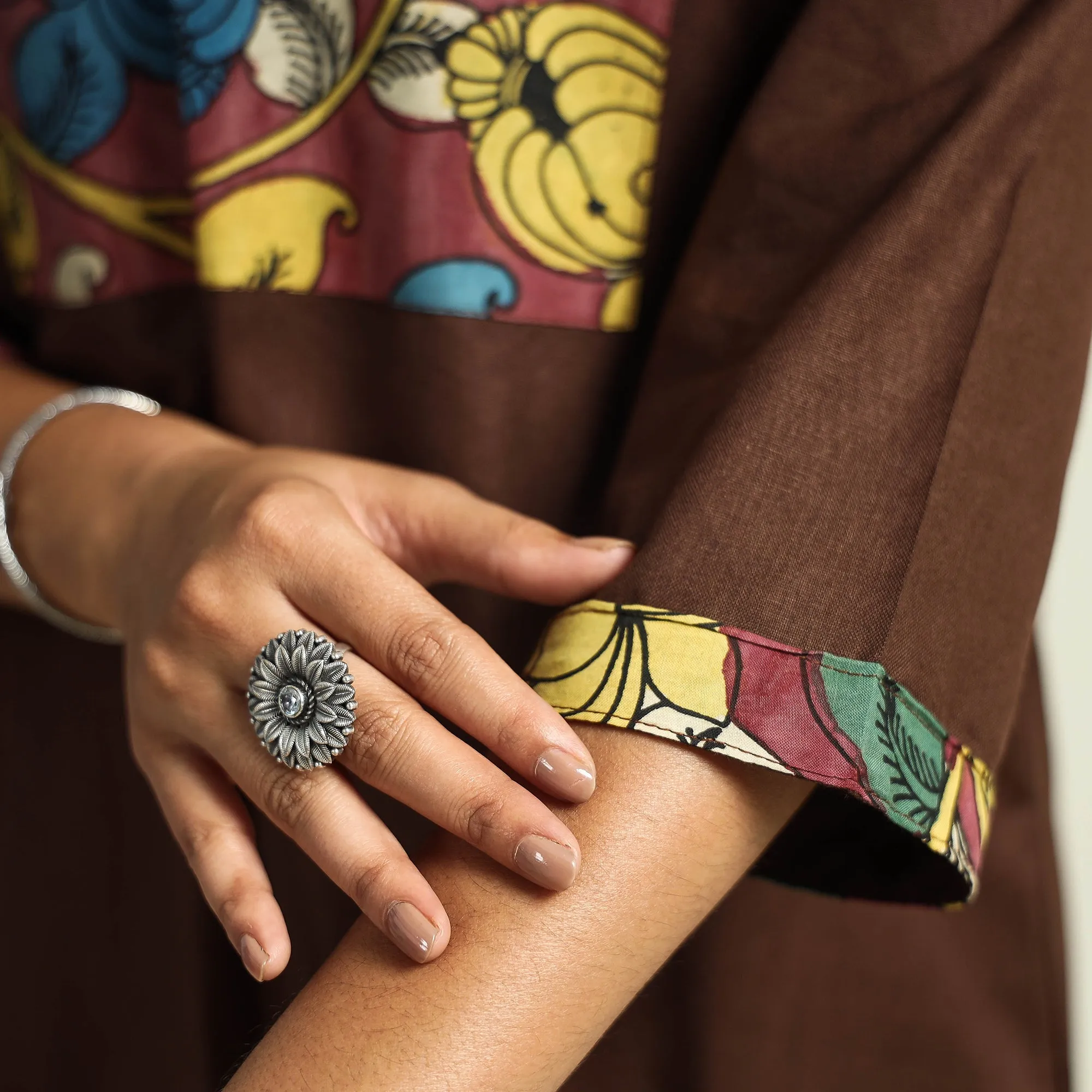 Dark Brown - Srikalahasti Kalamkari Patchwork Plain Linen Cotton A-Line Long Kurta sold by Itokri product image thumbnail 5