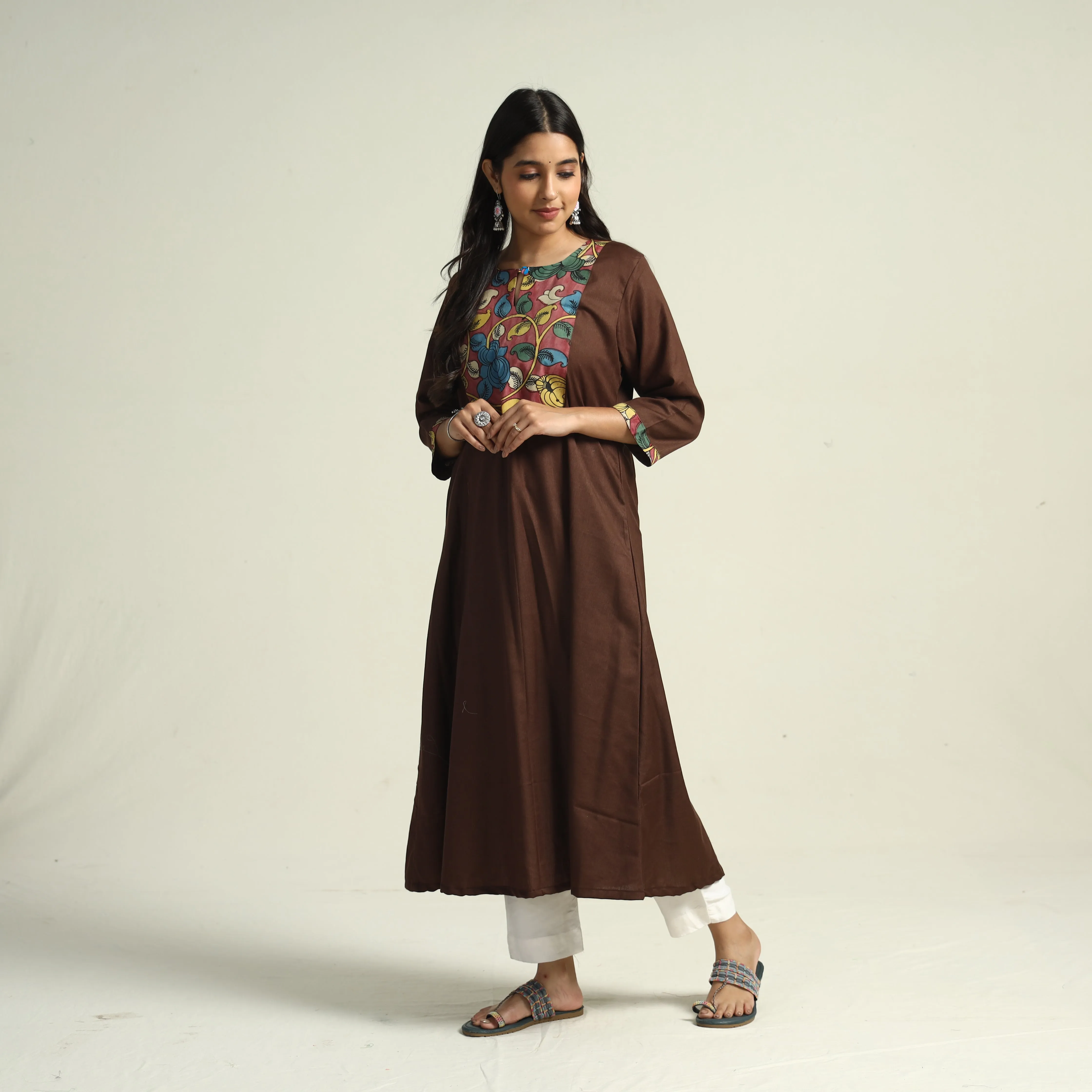 Dark Brown - Srikalahasti Kalamkari Patchwork Plain Linen Cotton A-Line Long Kurta sold by Itokri product image thumbnail 2