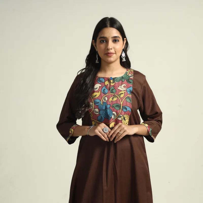 Dark Brown - Srikalahasti Kalamkari Patchwork Plain Linen Cotton A-Line Long Kurta made by Itokri
