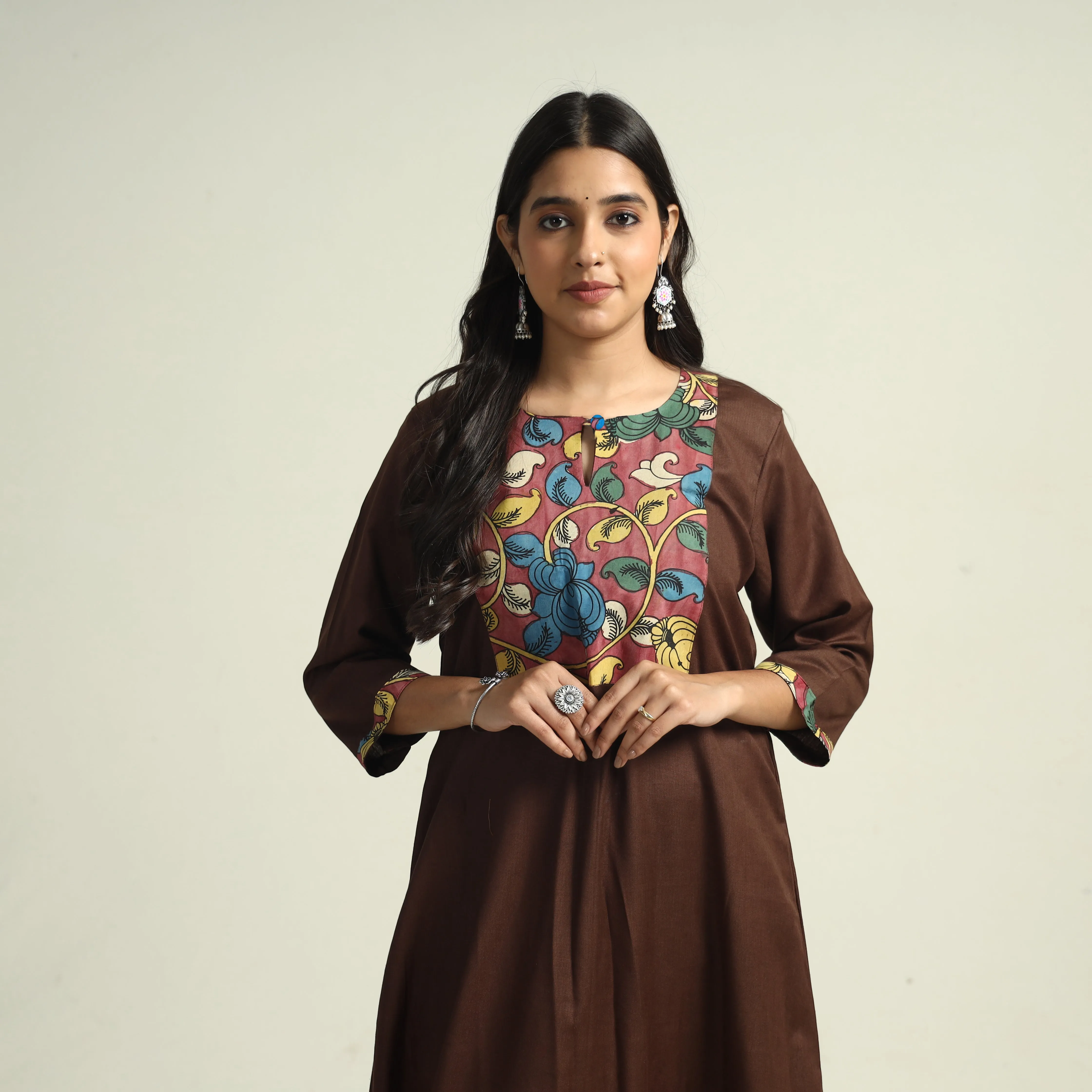 Dark Brown - Srikalahasti Kalamkari Patchwork Plain Linen Cotton A-Line Long Kurta sold by Itokri
