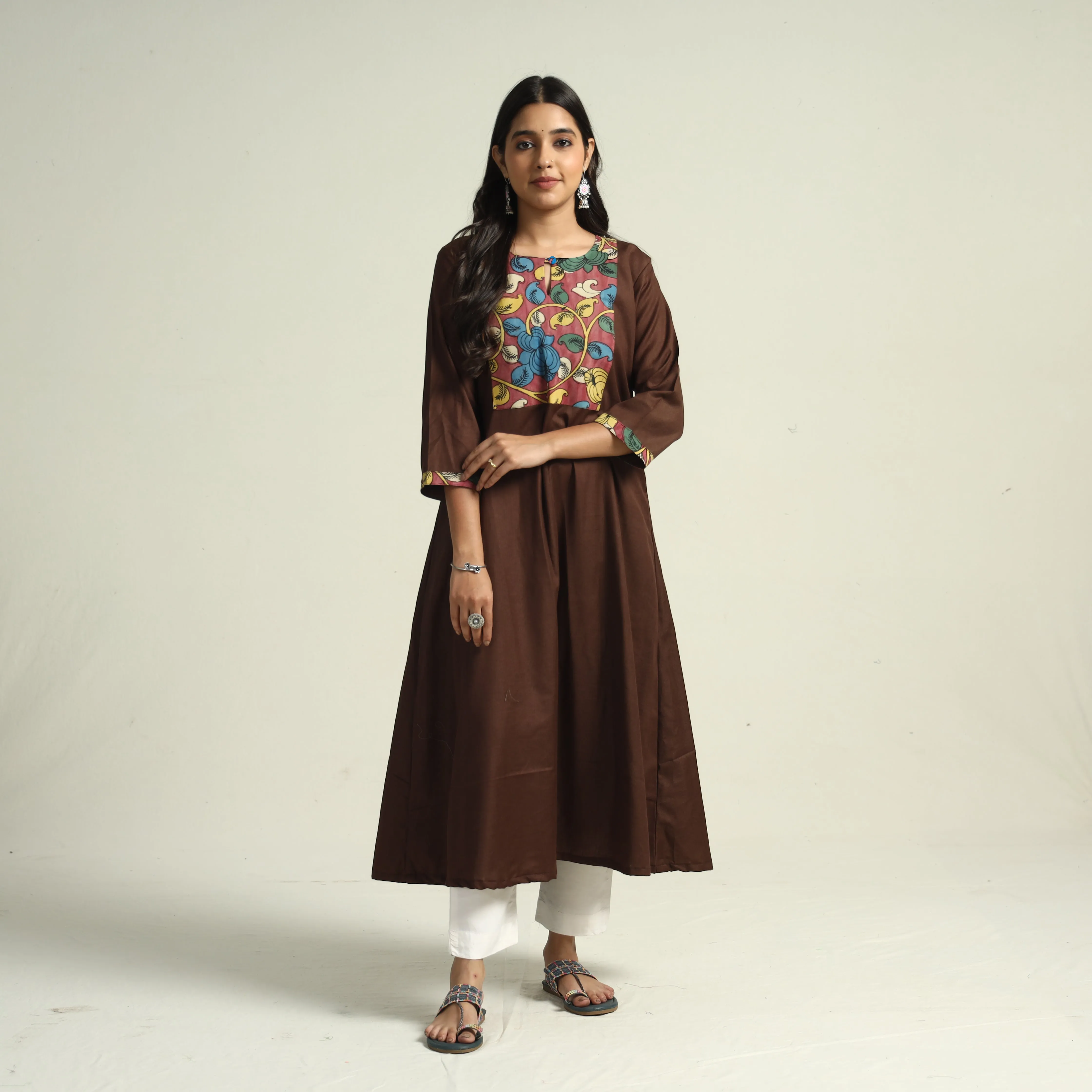 Dark Brown - Srikalahasti Kalamkari Patchwork Plain Linen Cotton A-Line Long Kurta sold by Itokri product image thumbnail 3