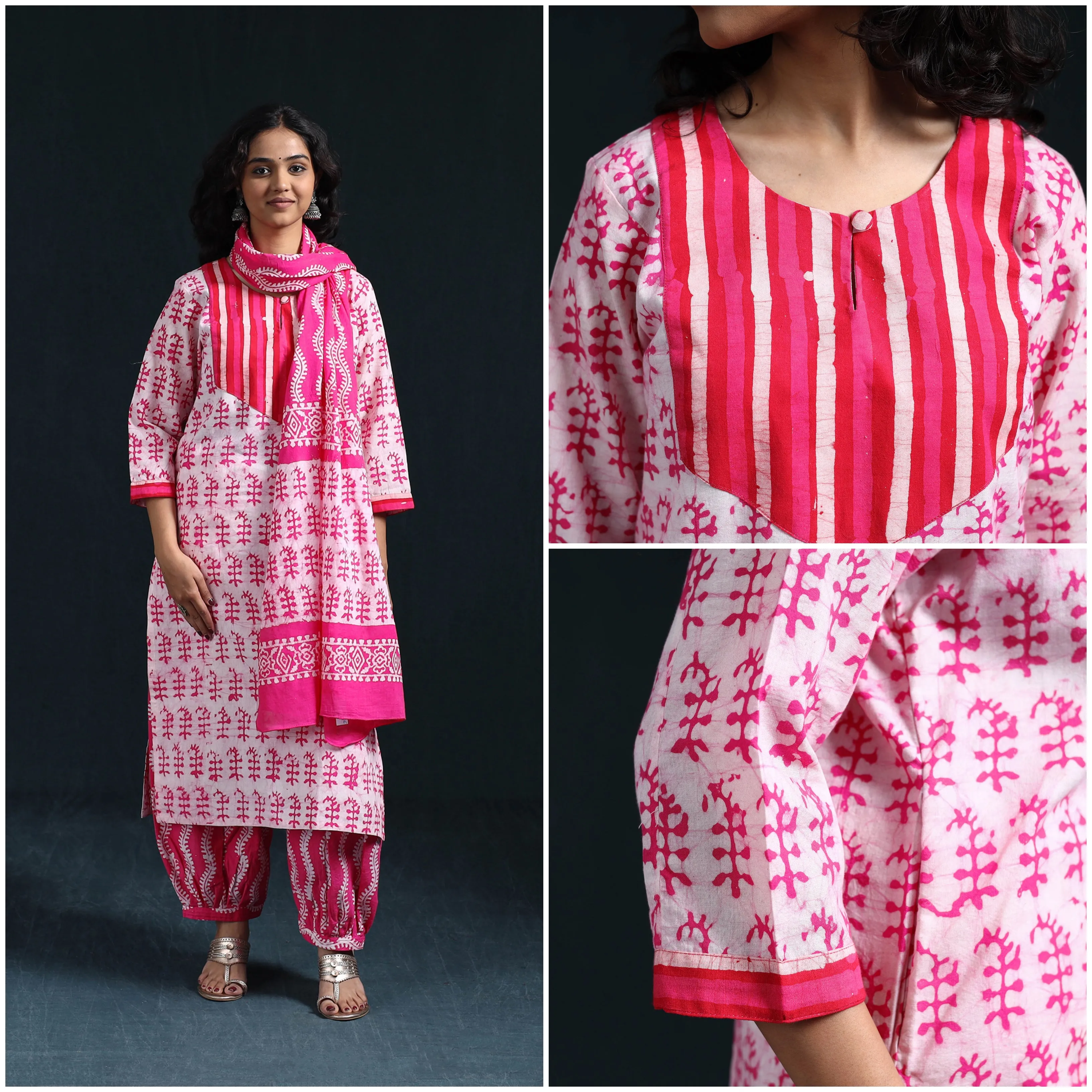 Pink - Hand Block Batik Print Cotton Suit Set with Dupatta for women 18 sold by Itokri product image thumbnail 4