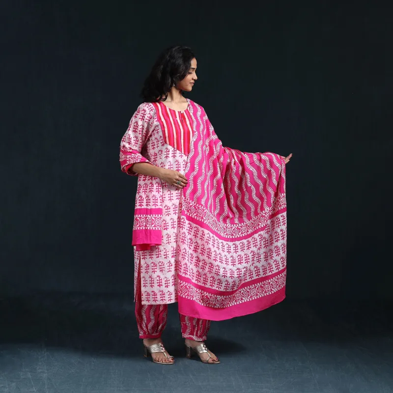 Pink - Hand Block Batik Print Cotton Suit Set with Dupatta for women 18 made by Itokri