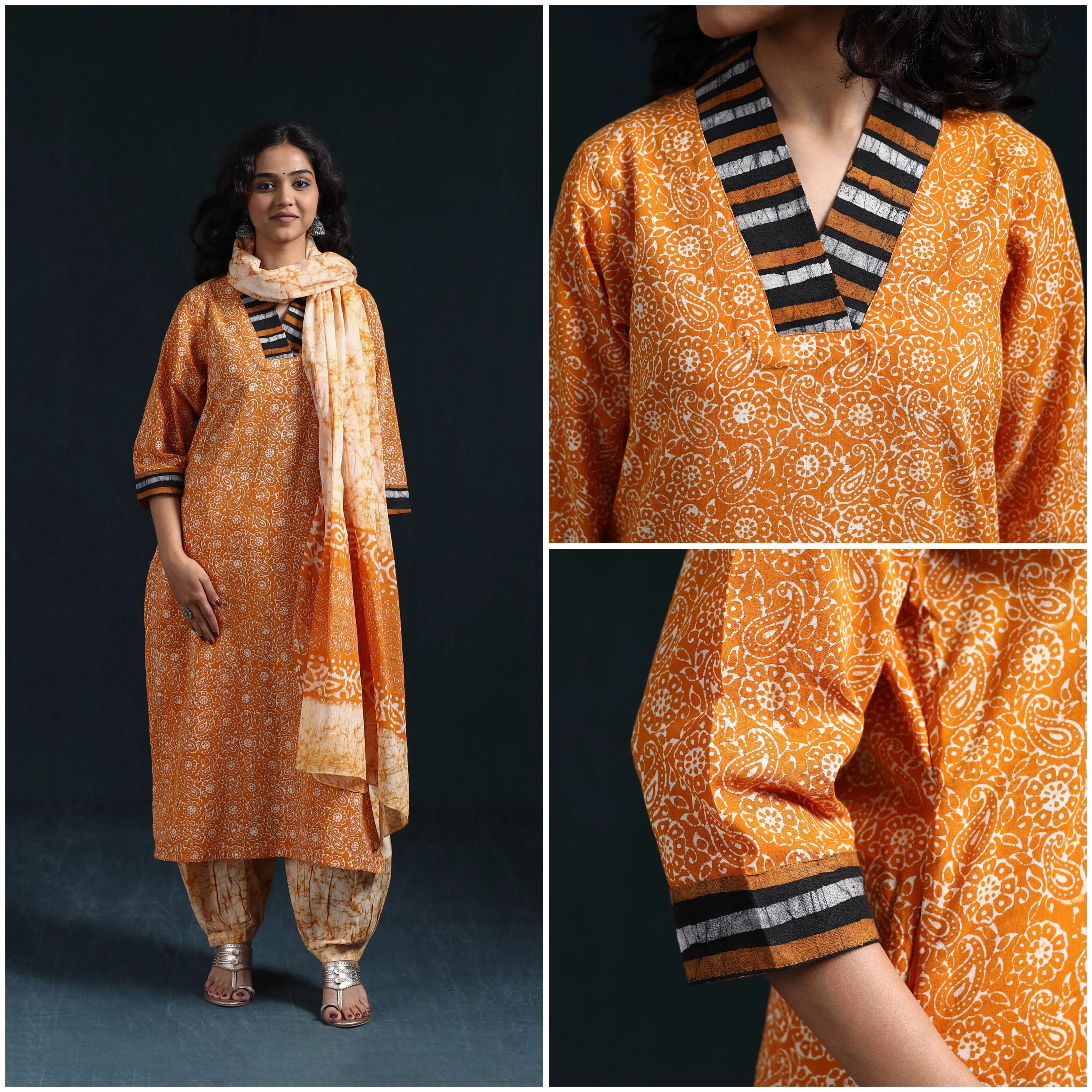 Orange - Hand Block Batik Print Cotton Suit Set with Dupatta for women 16 sold by Itokri product image thumbnail 4