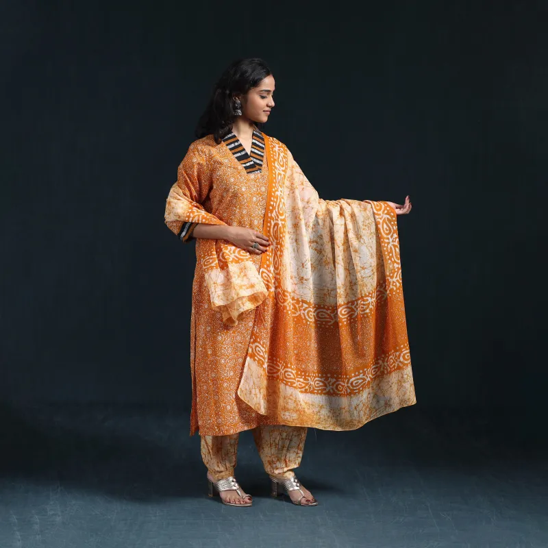Orange - Hand Block Batik Print Cotton Suit Set with Dupatta for women 16 made by Itokri