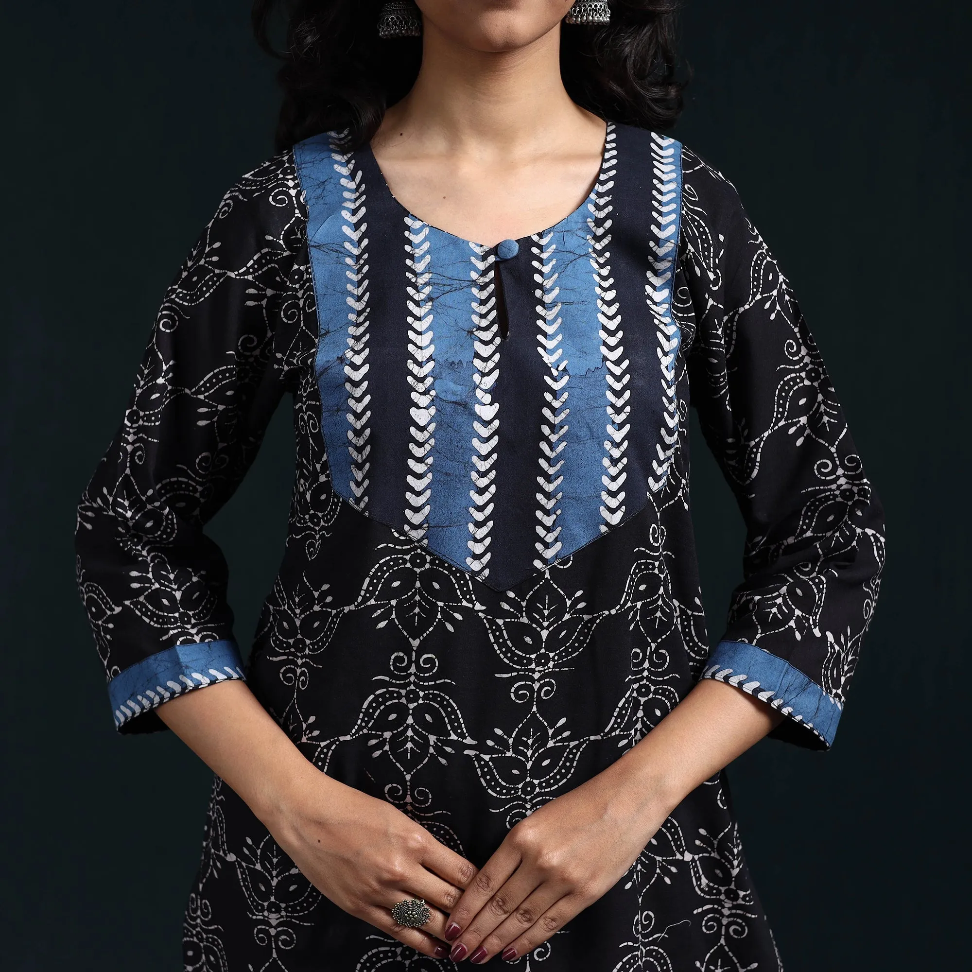 Black - Hand Block Batik Print Cotton Suit Set with Dupatta for women 14 sold by Itokri product image thumbnail 3