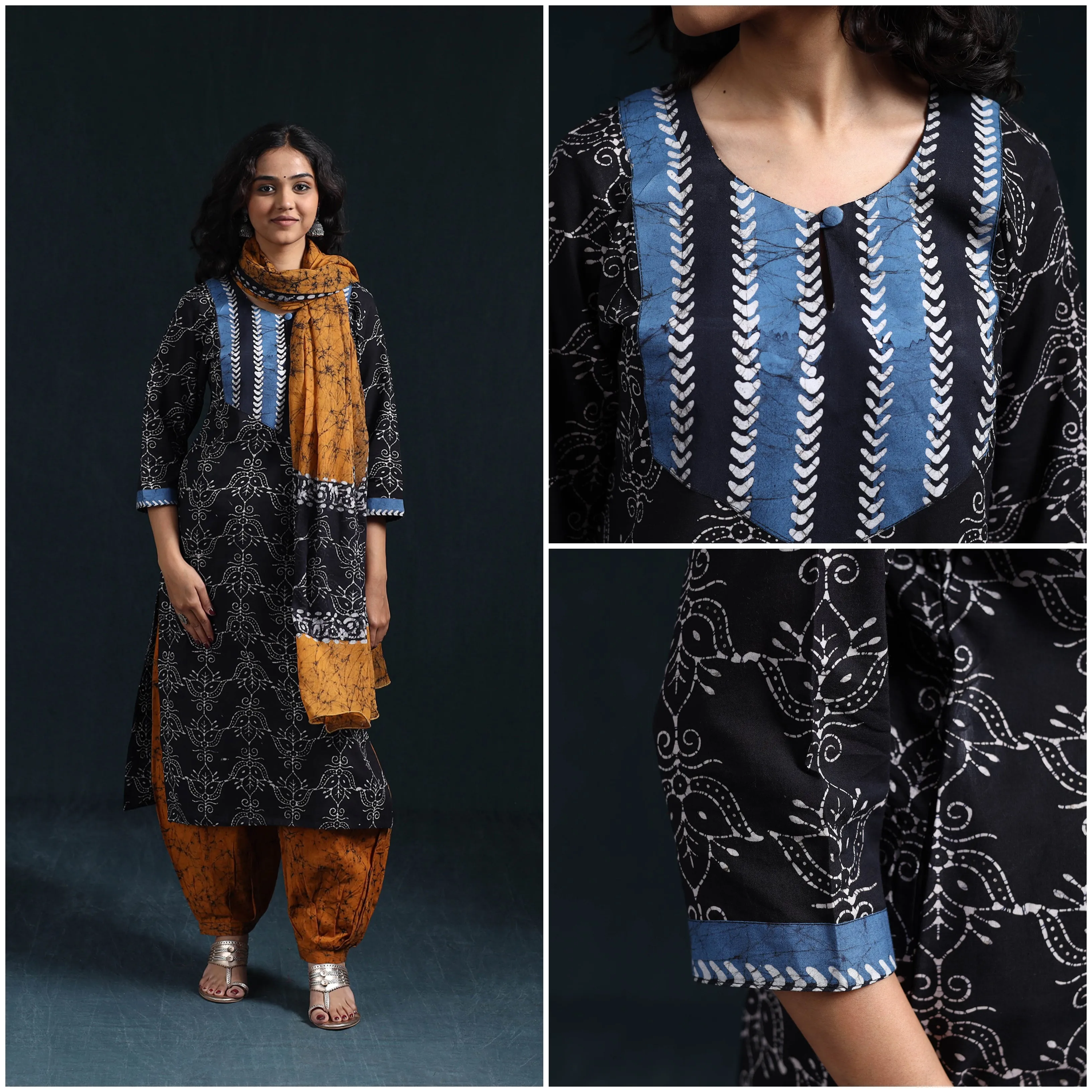 Black - Hand Block Batik Print Cotton Suit Set with Dupatta for women 14 sold by Itokri product image thumbnail 4
