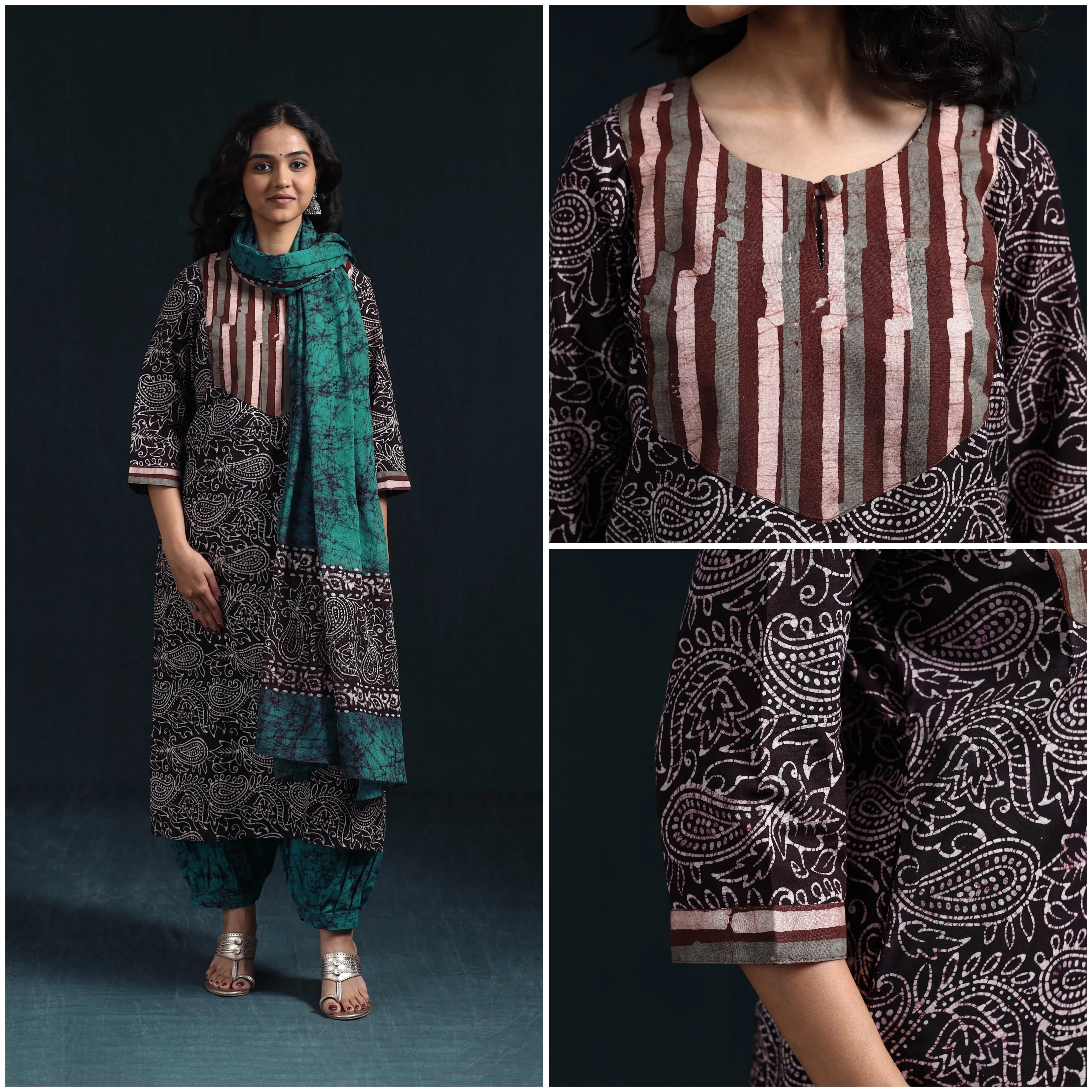 Black - Hand Block Batik Print Cotton Suit Set with Dupatta for women 13 sold by Itokri product image thumbnail 4