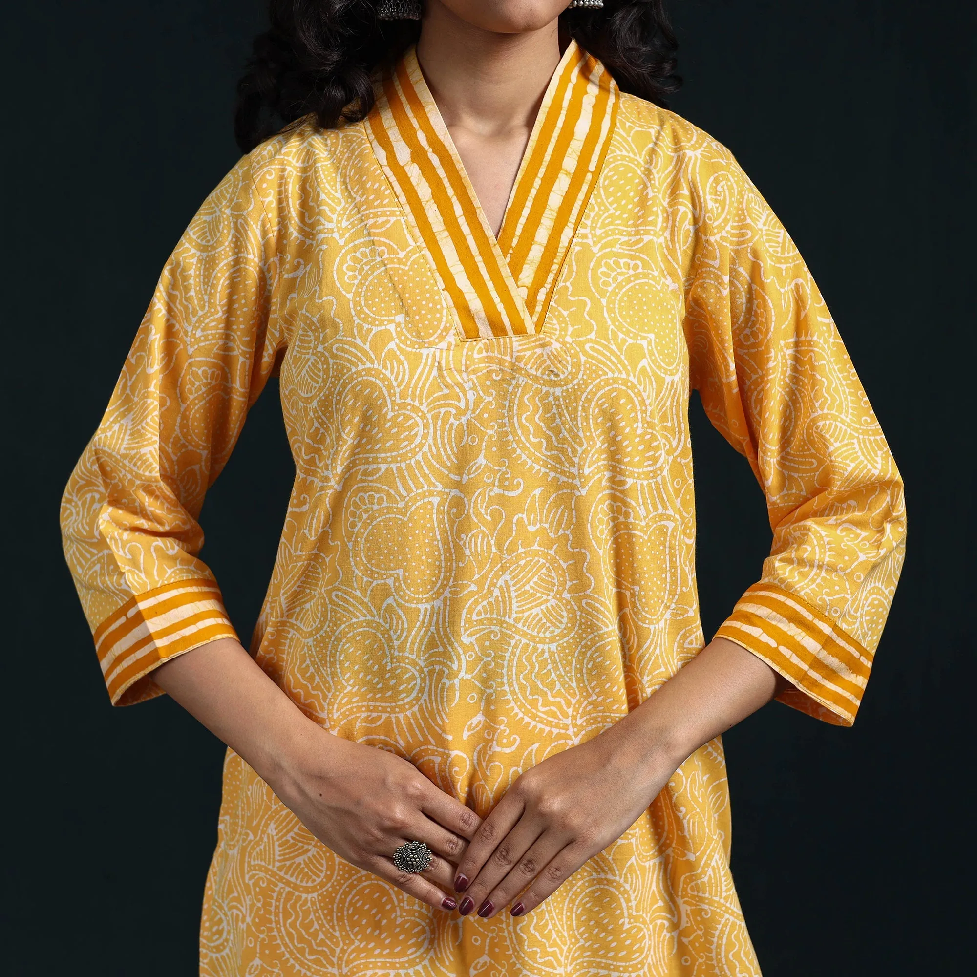 Yellow - Hand Block Batik Print Cotton Suit Set with Dupatta for women 11 sold by Itokri product image thumbnail 3