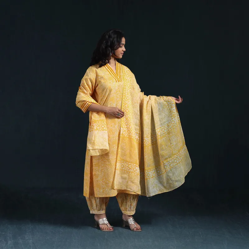 Yellow - Hand Block Batik Print Cotton Suit Set with Dupatta for women 11 sold by Itokri
