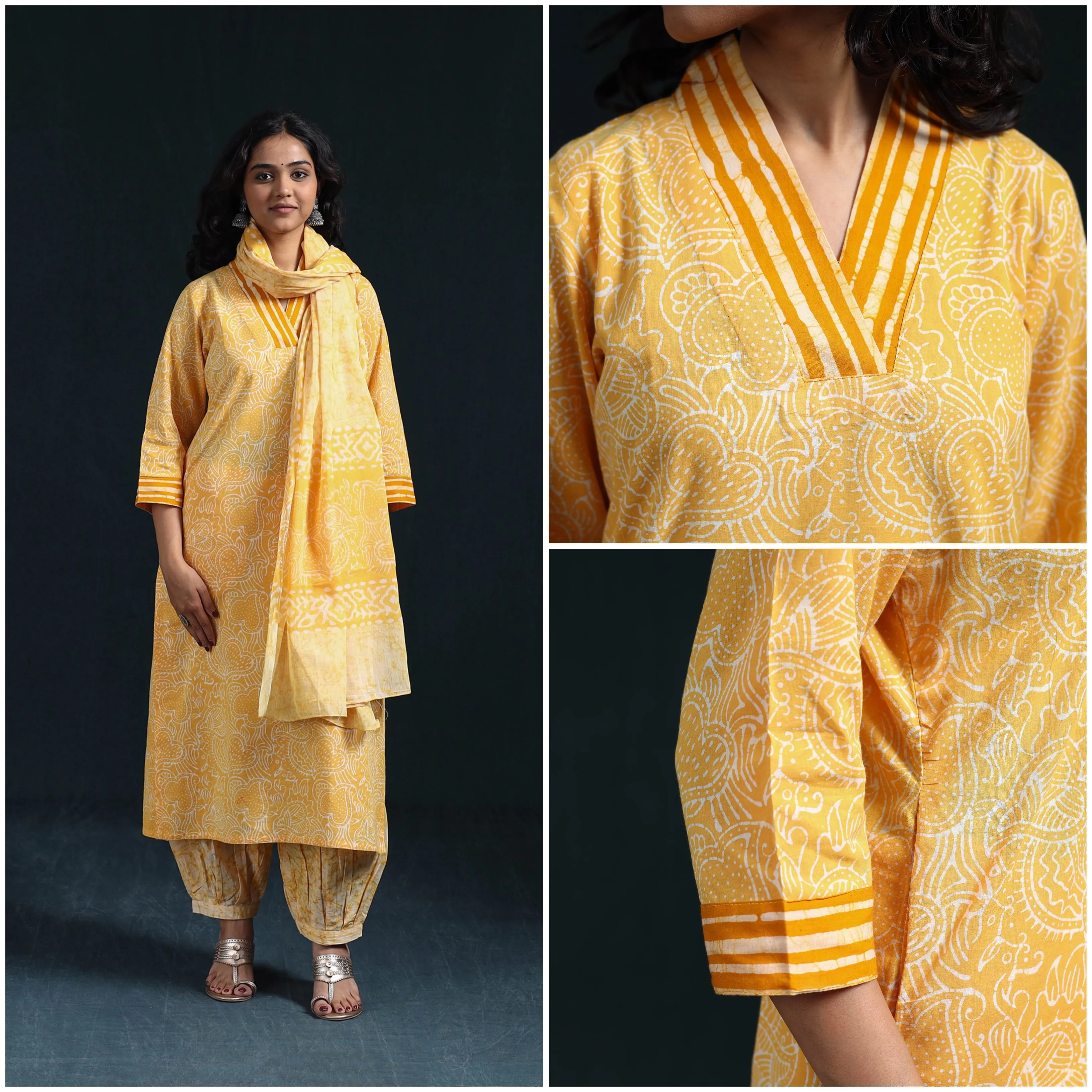 Yellow - Hand Block Batik Print Cotton Suit Set with Dupatta for women 11 sold by Itokri product image thumbnail 4