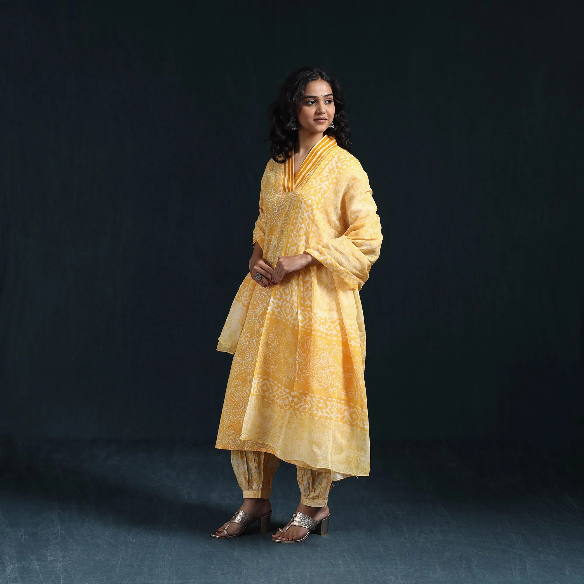 Yellow - Hand Block Batik Print Cotton Suit Set with Dupatta for women 11 sold by Itokri product image thumbnail 2