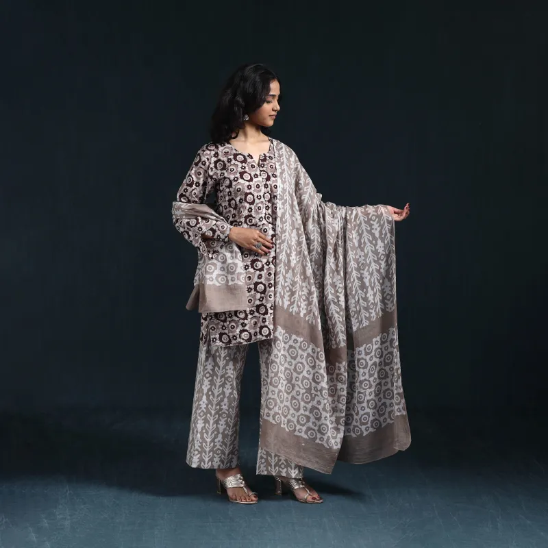 Brown - Hand Block Batik Print Cotton Suit Set with Dupatta for women 02 made by Itokri