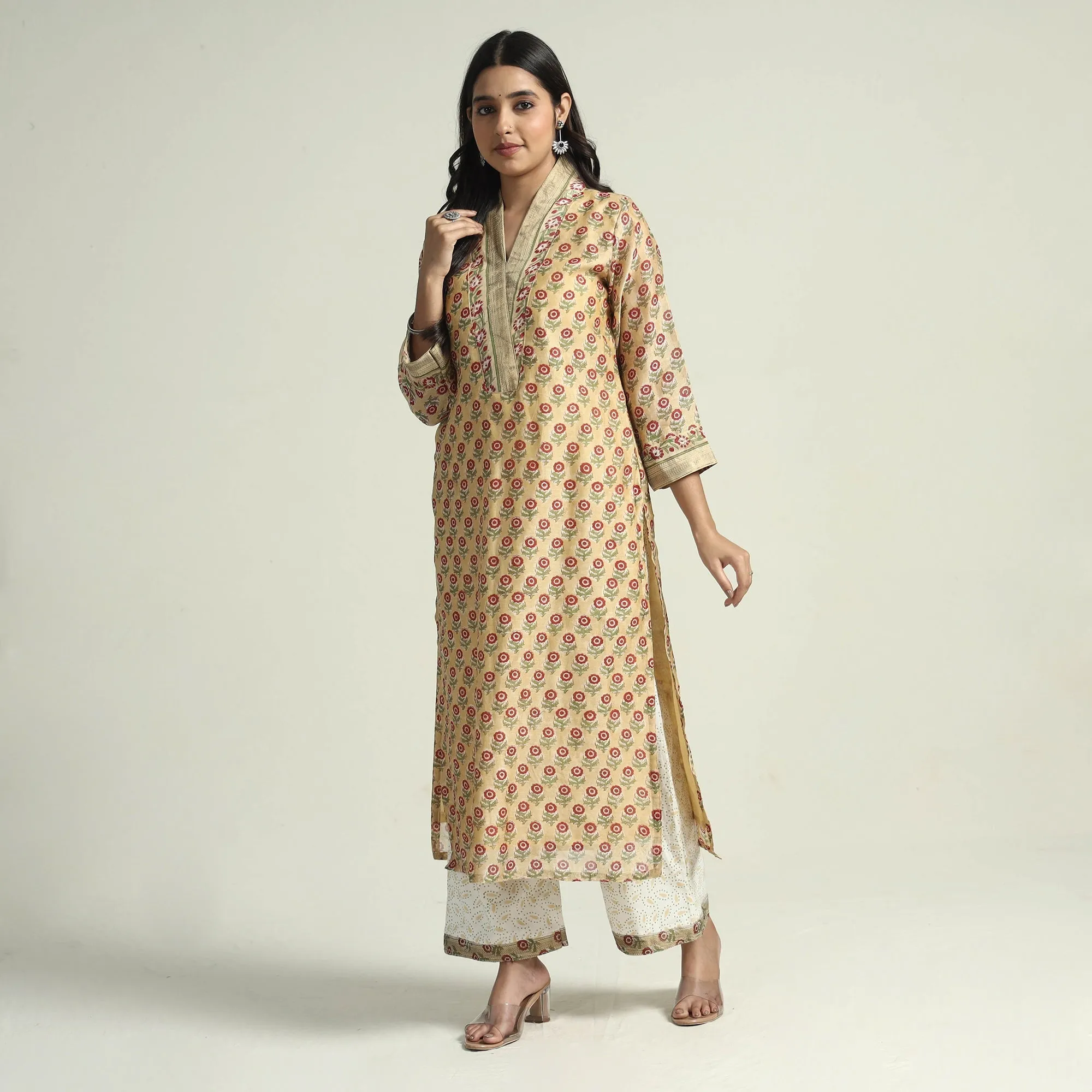Yellow - - Sanganeri Block Printed Maheshwari Silk Kurta with Palazzo & Dupatta Set sold by Itokri product image thumbnail 4