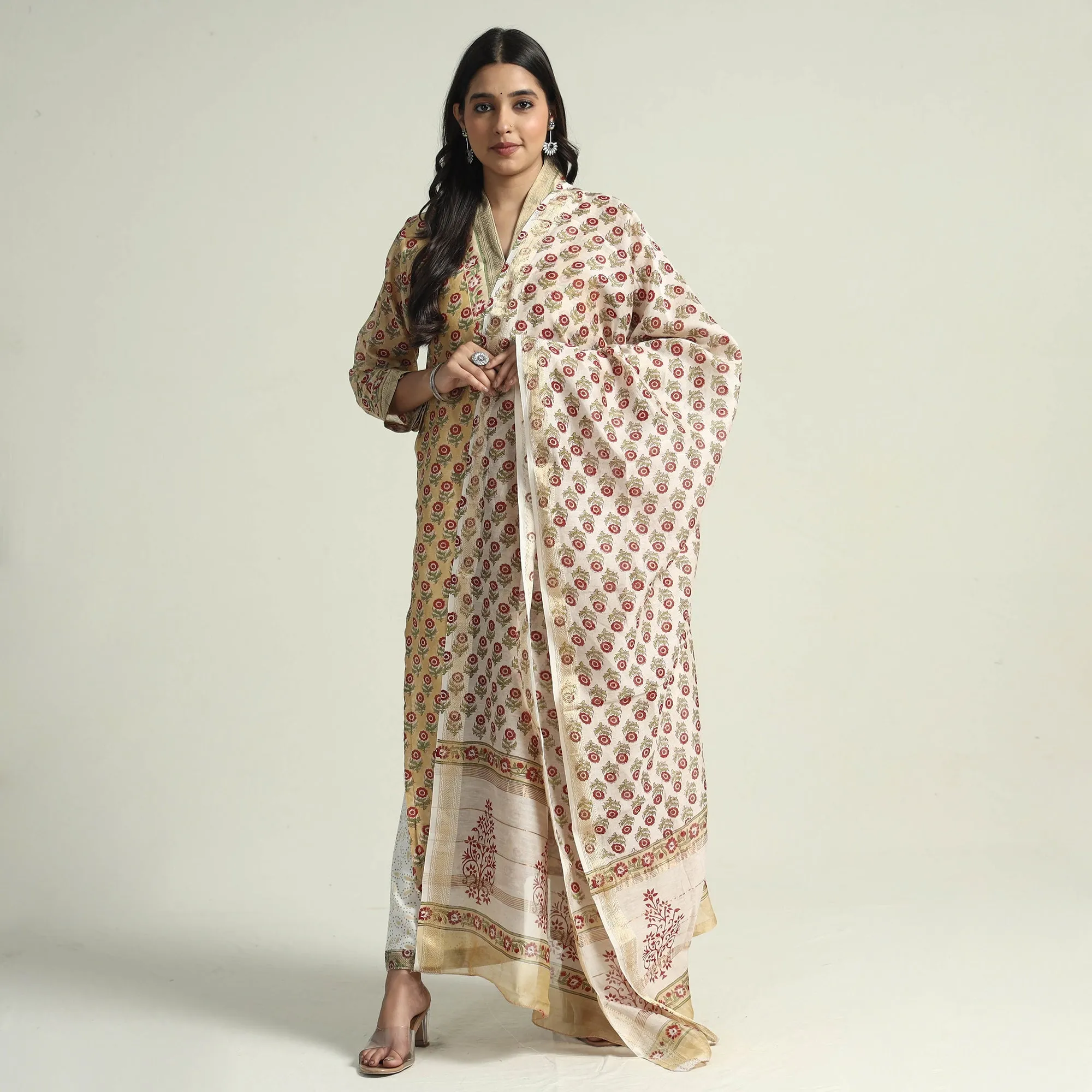 Yellow - - Sanganeri Block Printed Maheshwari Silk Kurta with Palazzo & Dupatta Set sold by Itokri