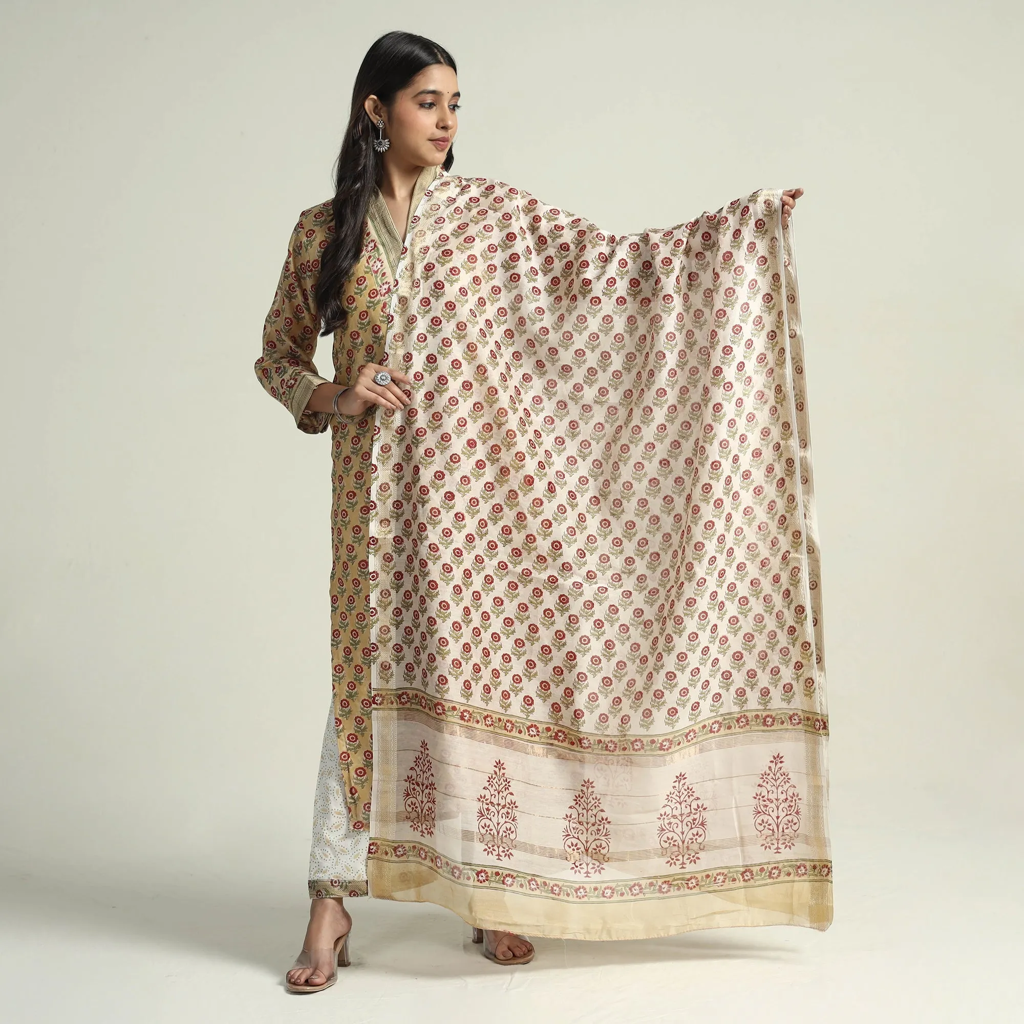 Yellow - - Sanganeri Block Printed Maheshwari Silk Kurta with Palazzo & Dupatta Set sold by Itokri product image thumbnail 2