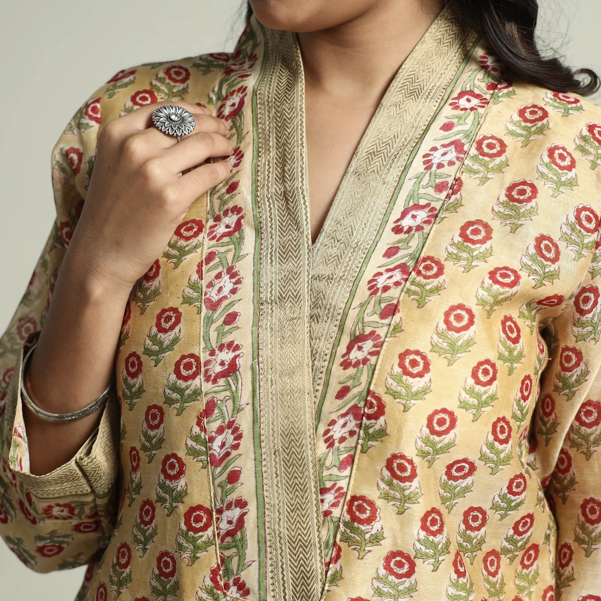 Yellow - - Sanganeri Block Printed Maheshwari Silk Kurta with Palazzo & Dupatta Set sold by Itokri product image thumbnail 5