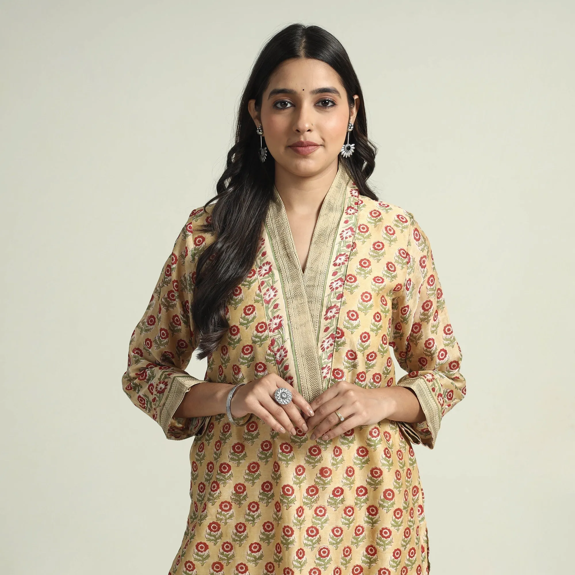 Yellow - - Sanganeri Block Printed Maheshwari Silk Kurta with Palazzo & Dupatta Set sold by Itokri product image thumbnail 3